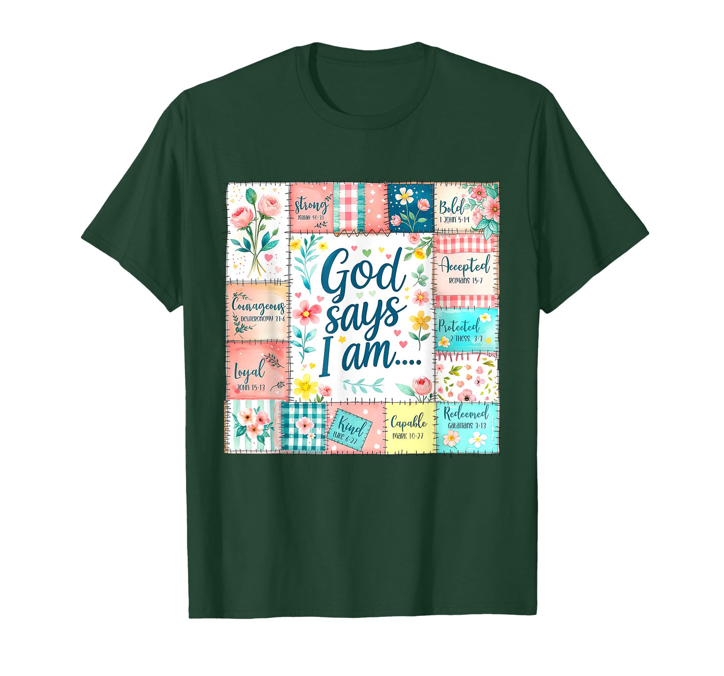 God Says I Am Christian Faith Vintage Floral Patchwork Quilt T-Shirt