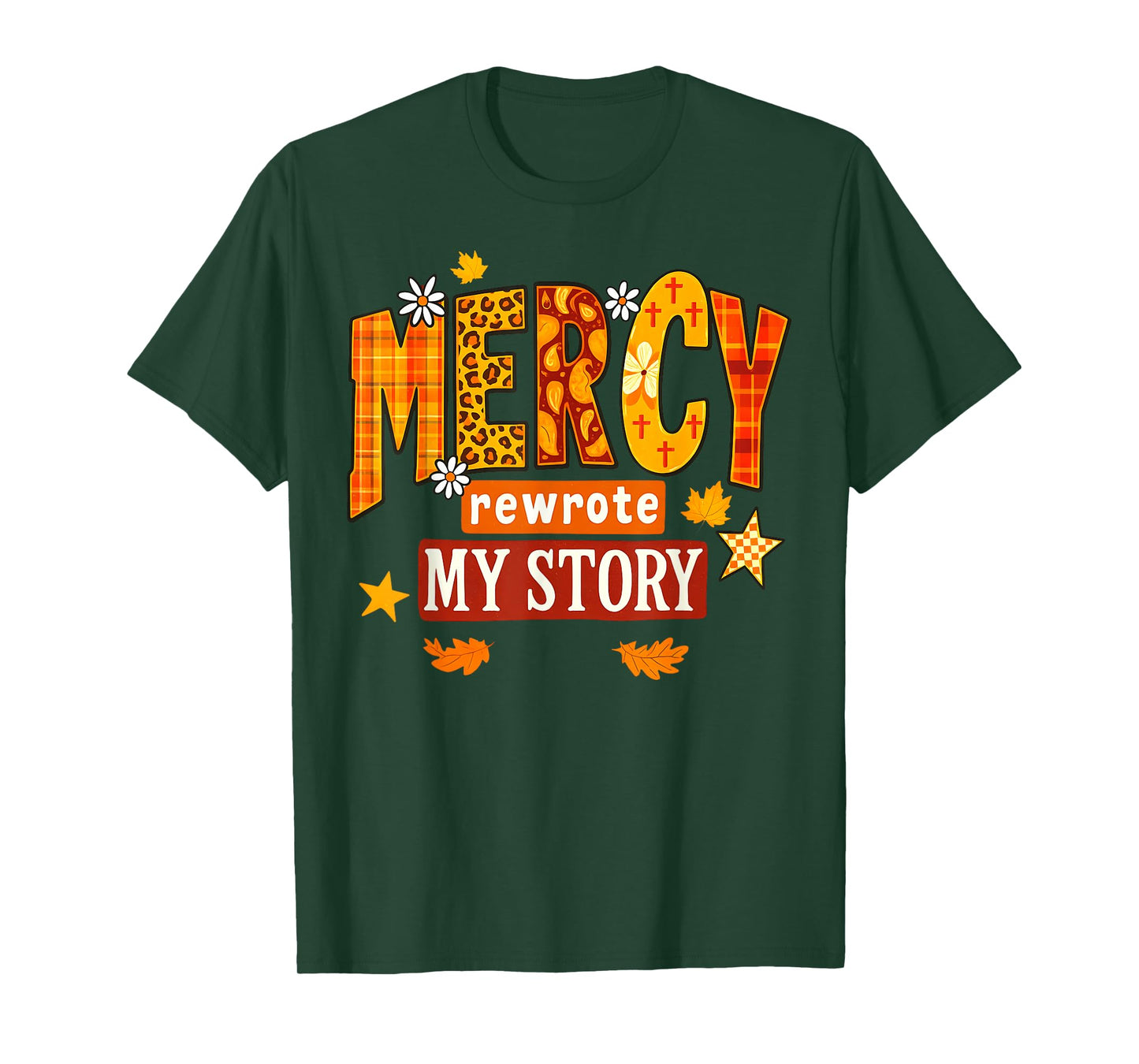 Mercy Rewrote My Story Fall Christian Leopard Autumn Women T-Shirt