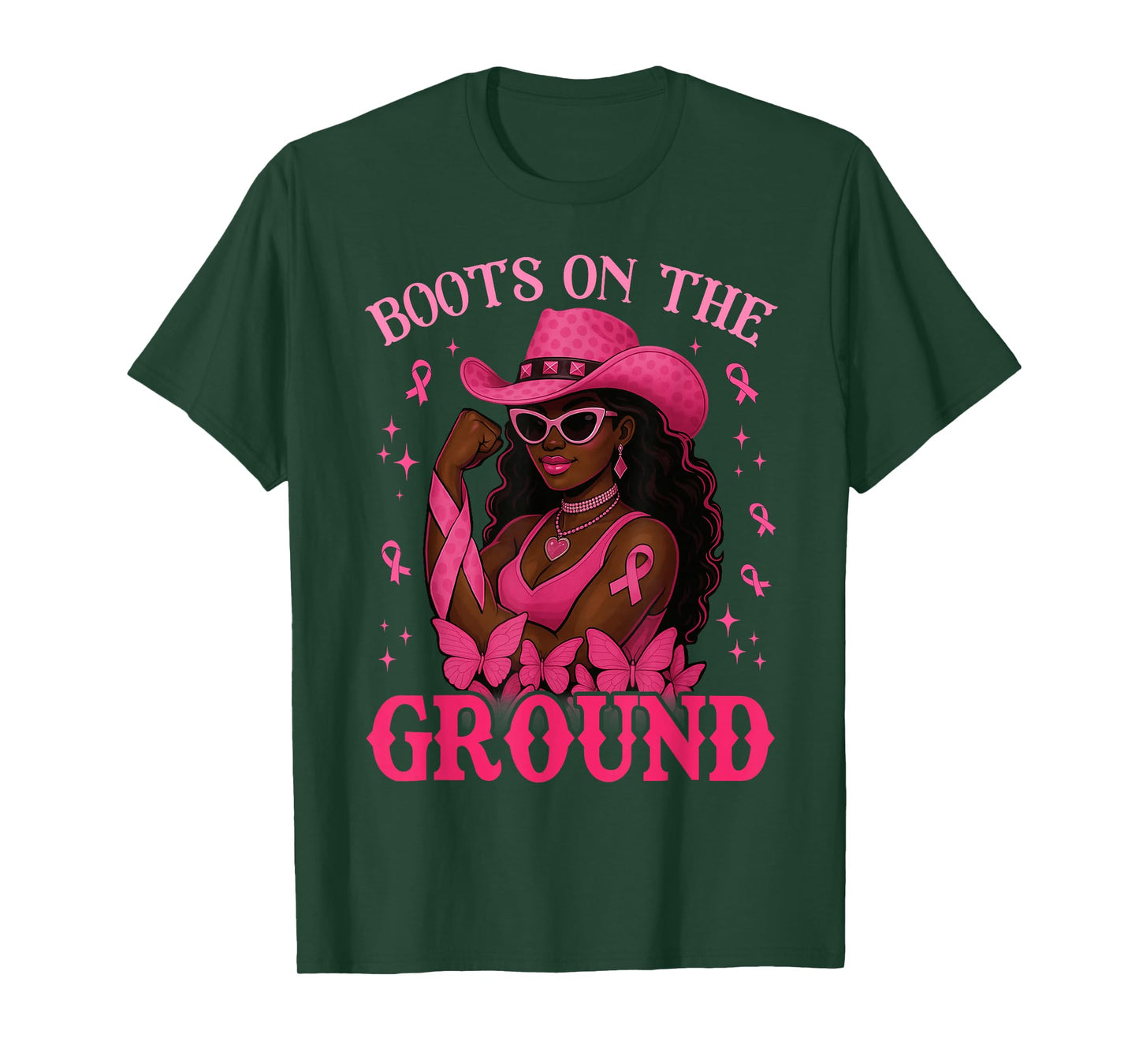 Boots On The Ground Pink Cowgirl Breast Cancer Western Women T-Shirt