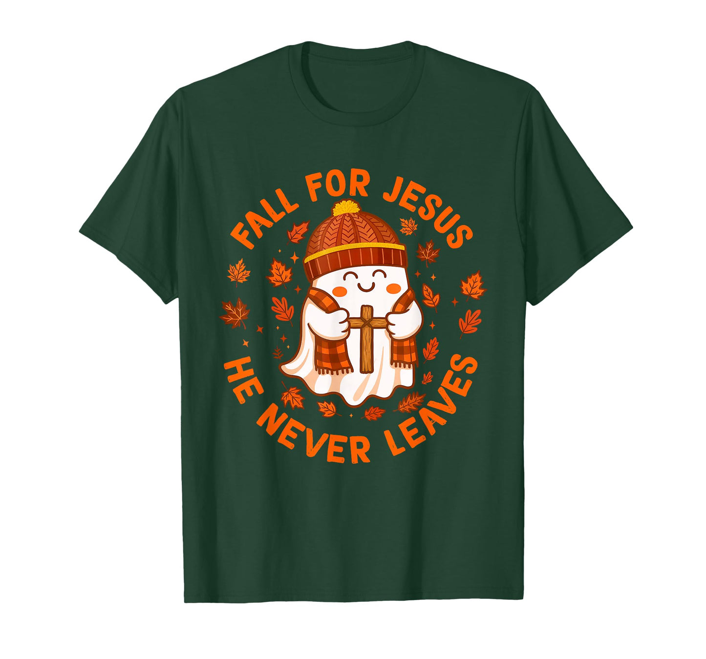 Fall for Jesus He Never Leaves Christian Ghost Halloween T-Shirt