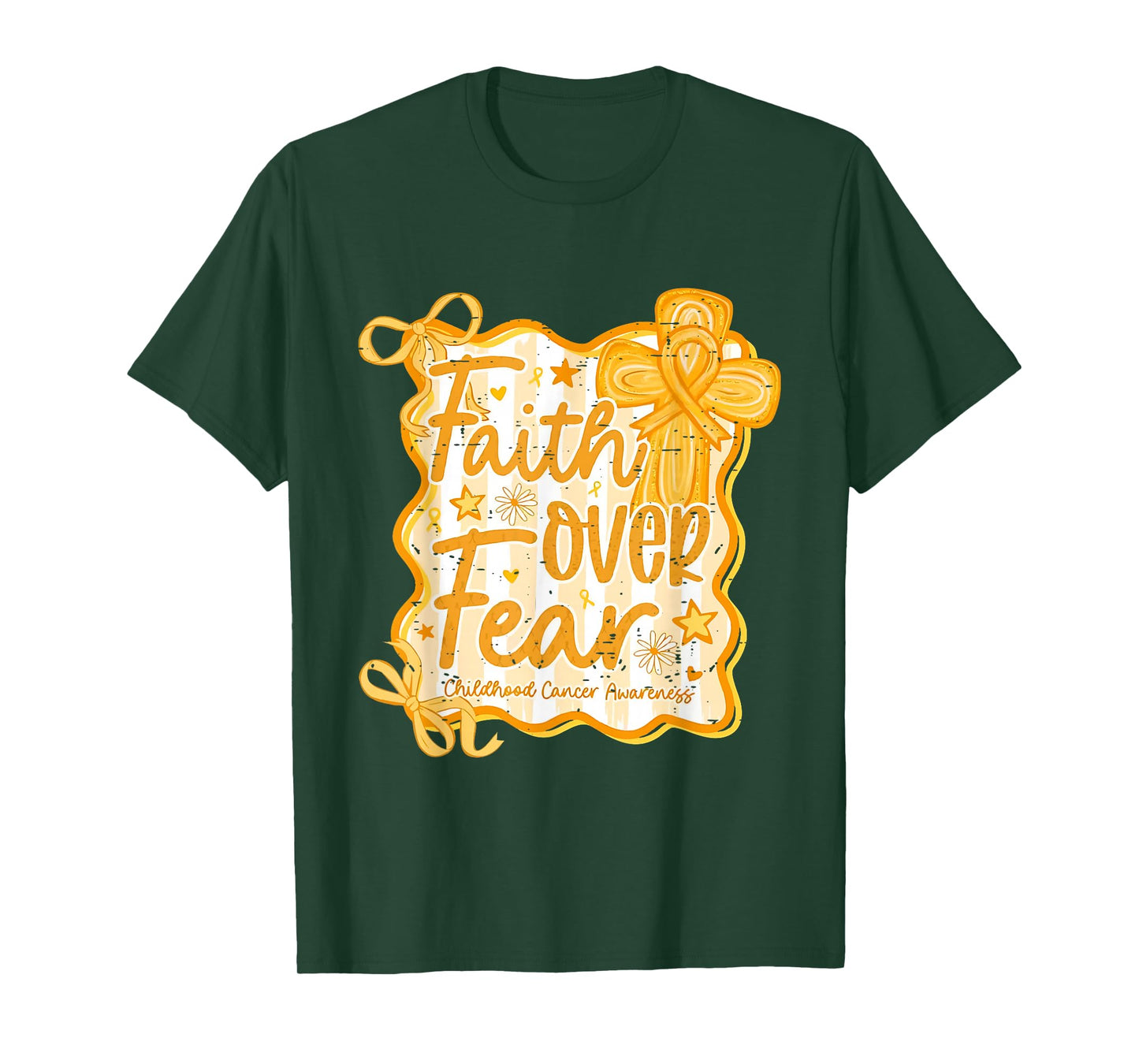 Faith Over Fear Childhood Cancer Awareness Gold Ribbon Bow T-Shirt