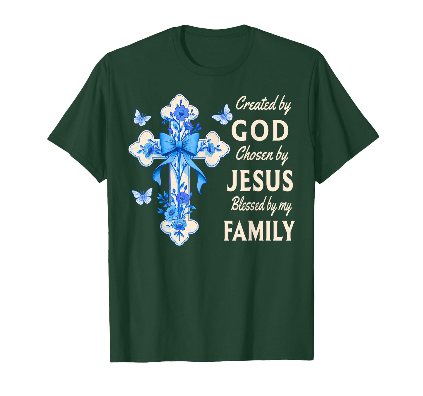 Created By God Blessed By Family Blue Toile Floral Cross T-Shirt