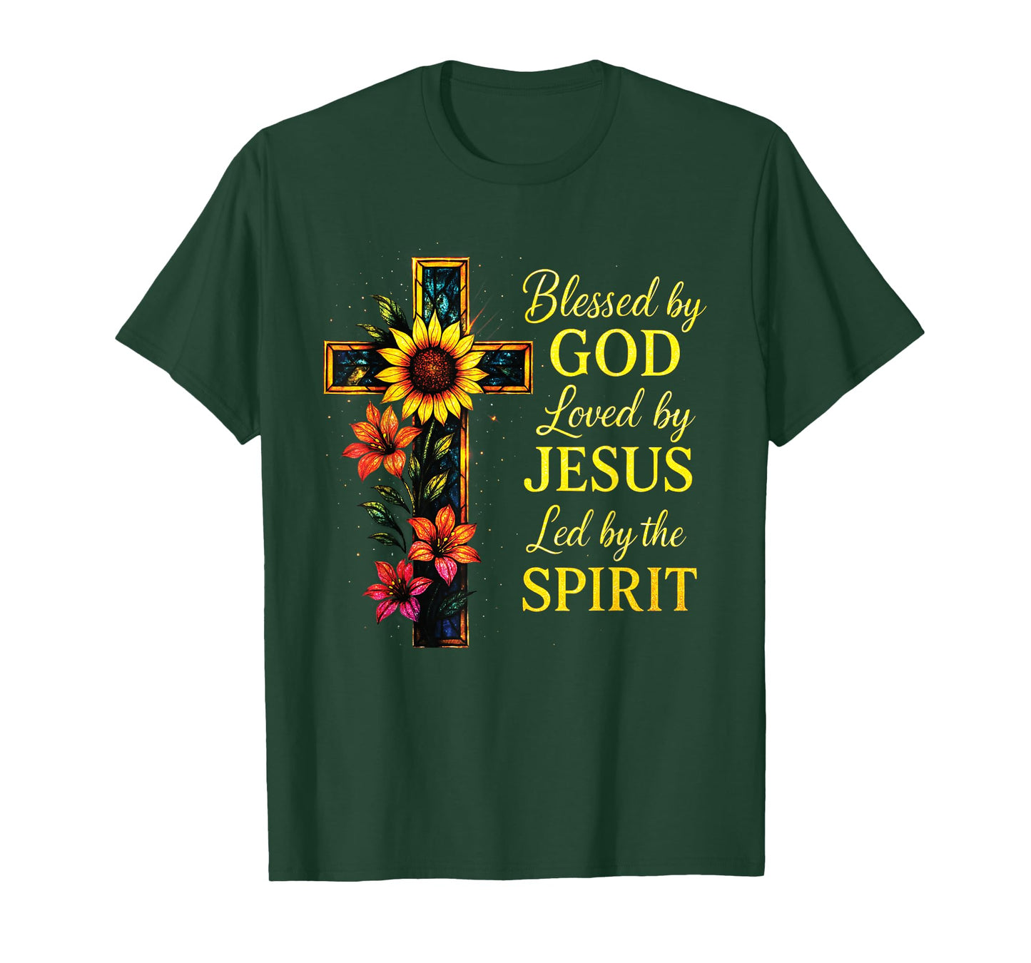 Blessed by God Loved by Jesus Stained Glass Cross T-Shirt