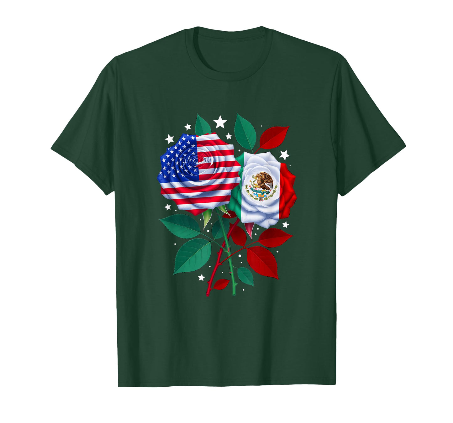 Mexico USA Flag Mexican Flag American Rose Flower T-Shirt