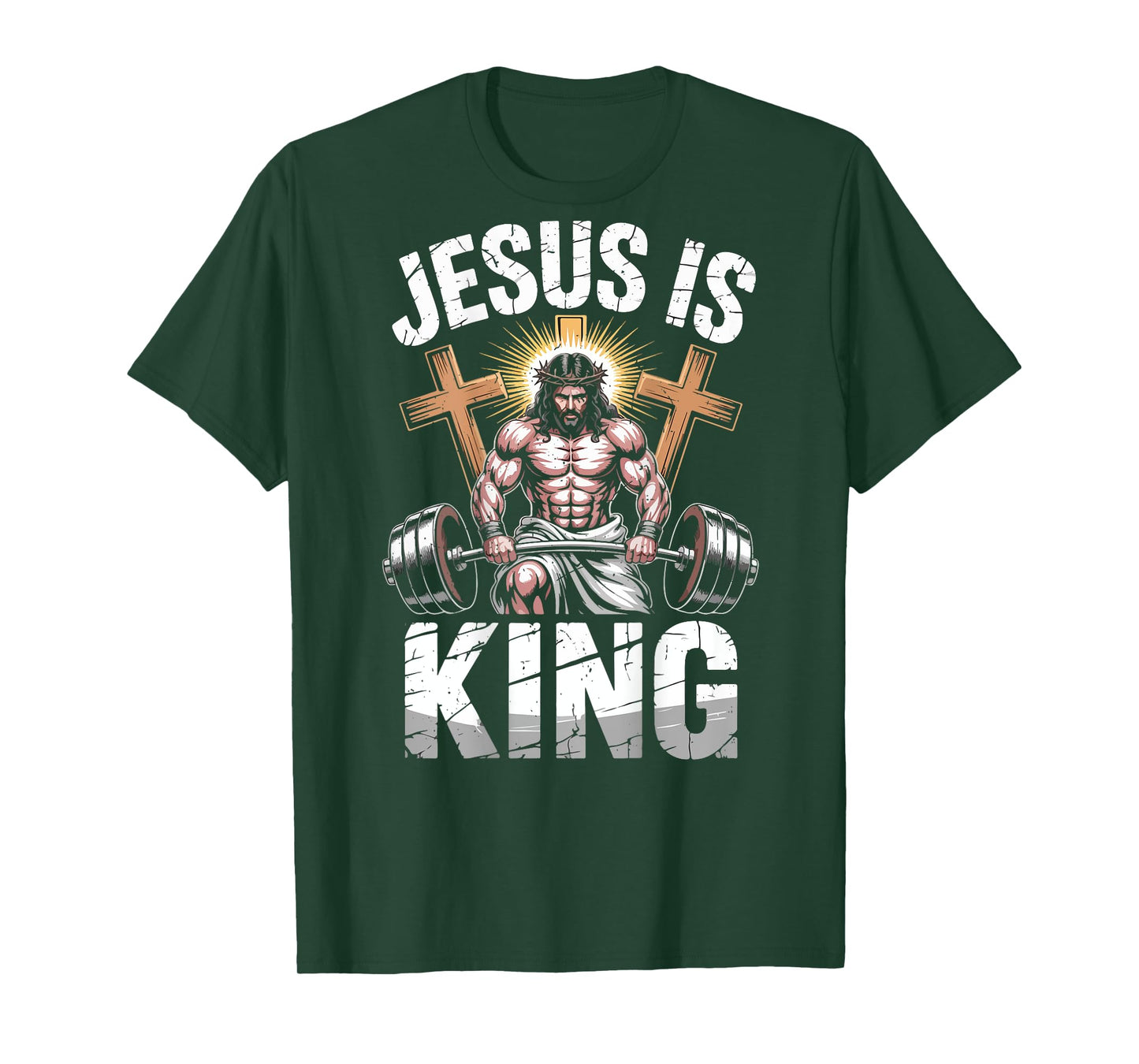Mens Workout Christian Gym Jesus is King Funny Faith-Fitness T-Shirt