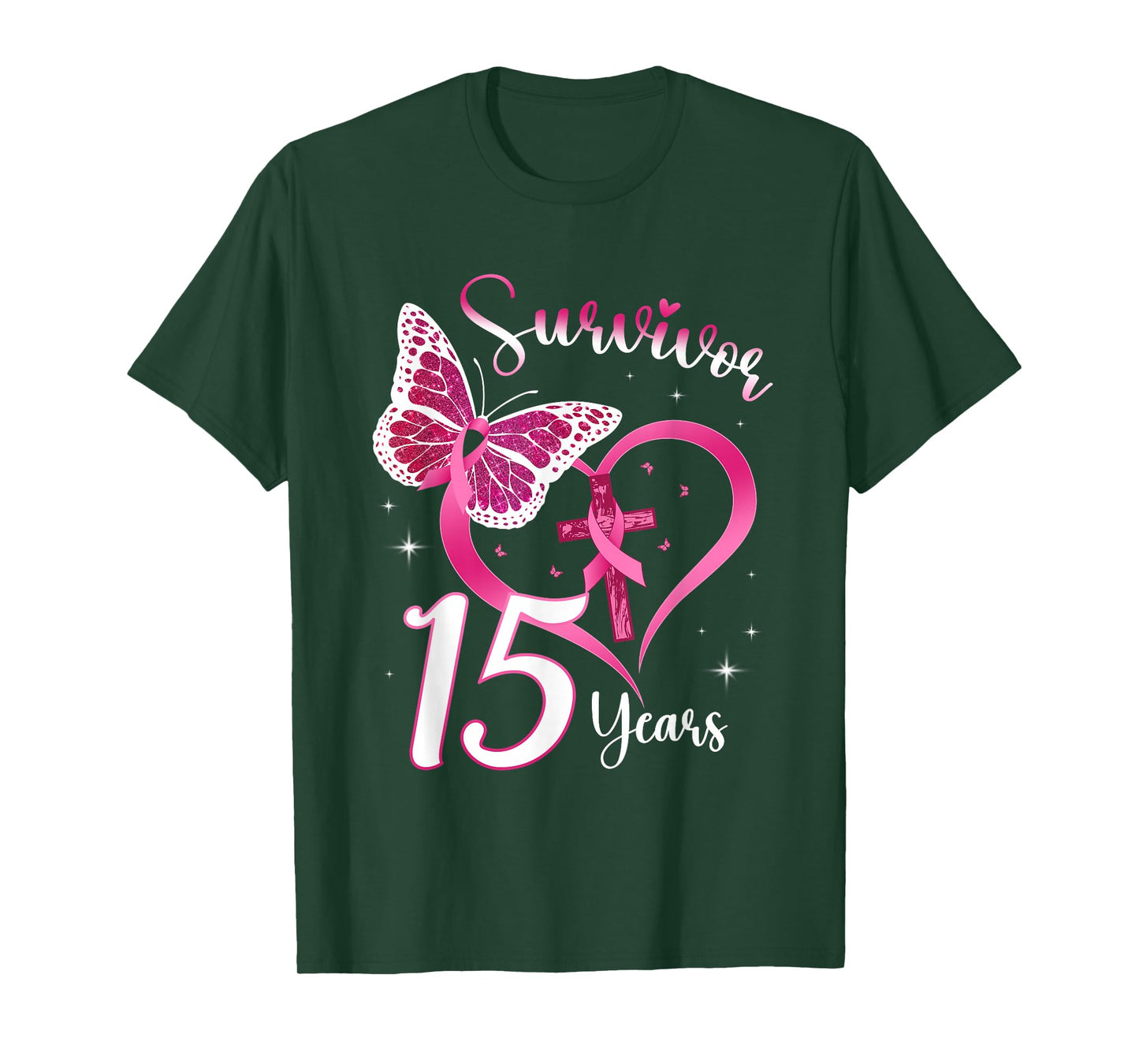Breast Cancer Survivor Pink Ribbon Butterfly 15 Years Gift T-Shirt