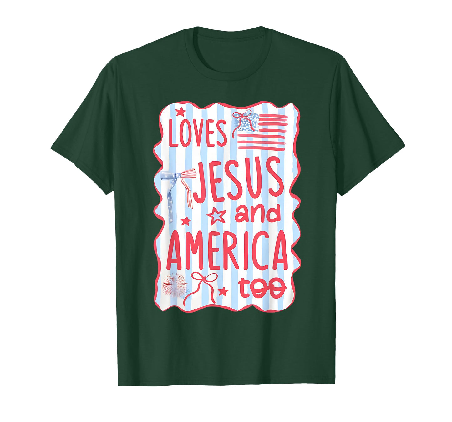 Coquette Bow Loves Jesus And America Too 4th Of July Womens T-Shirt