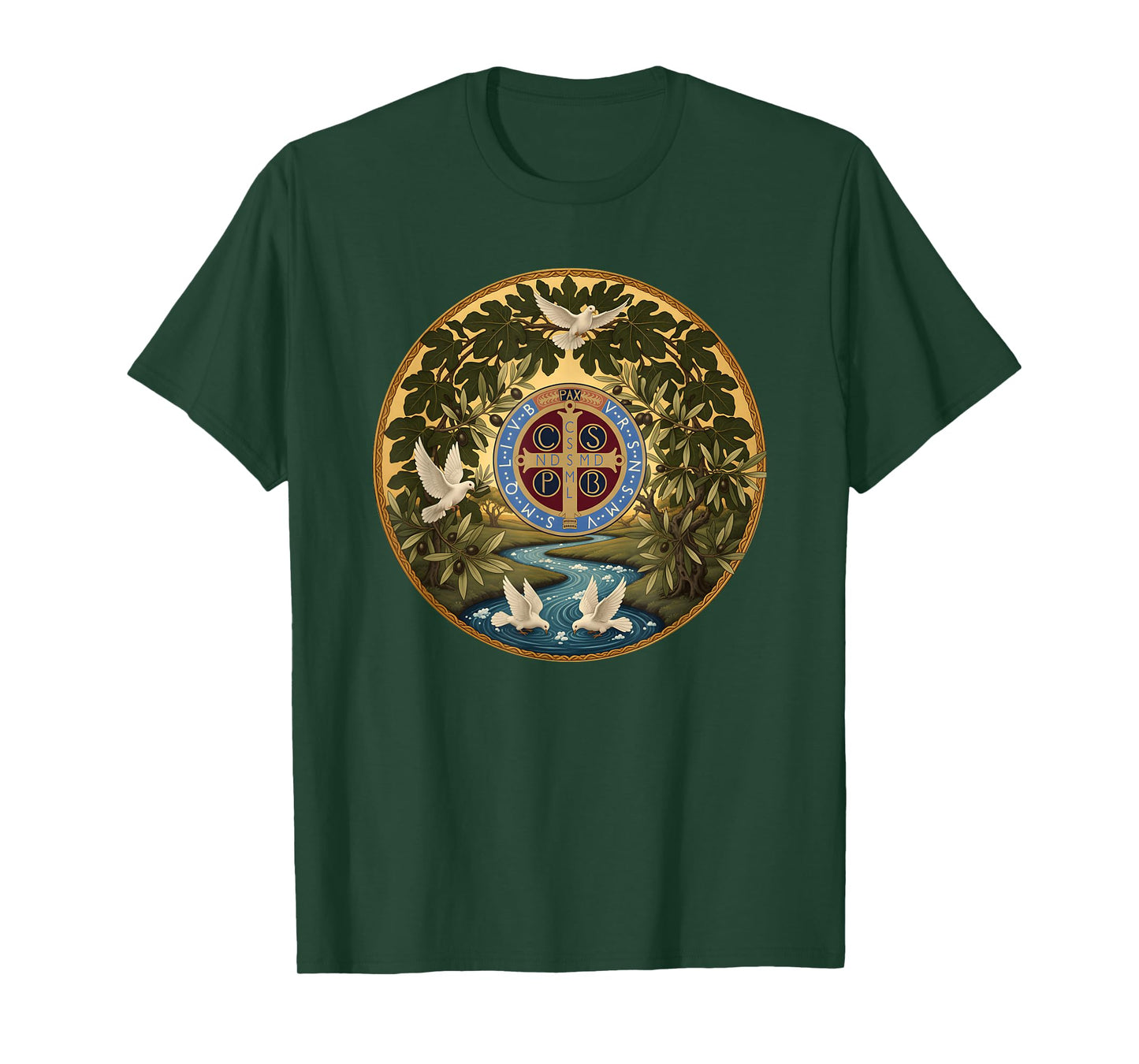 Sacred Saint Benedict Medal River Dove Fig Tree T-Shirt