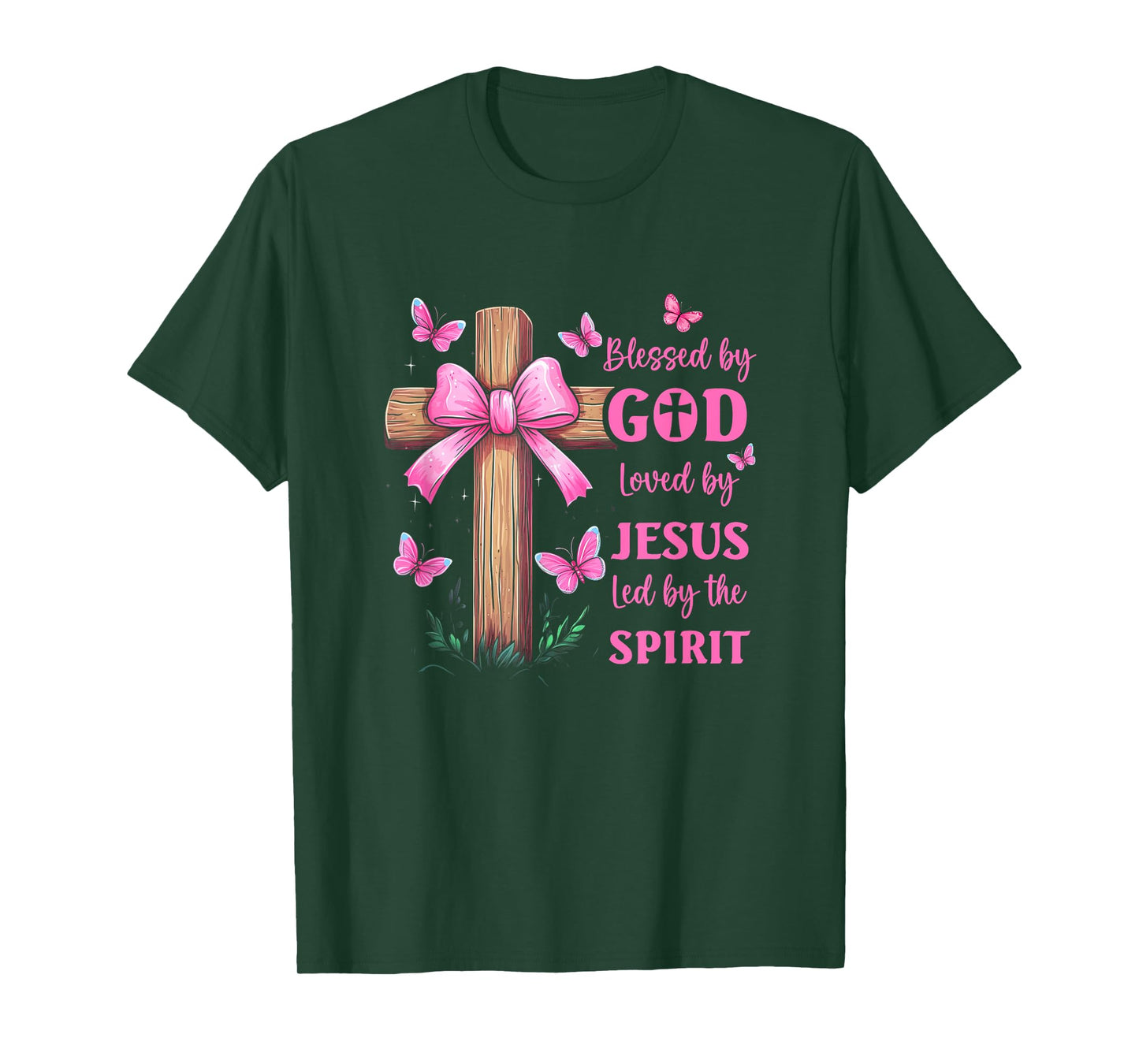 Blessed By God Loved By Jesus Pink Coquette Bow And Cross T-Shirt