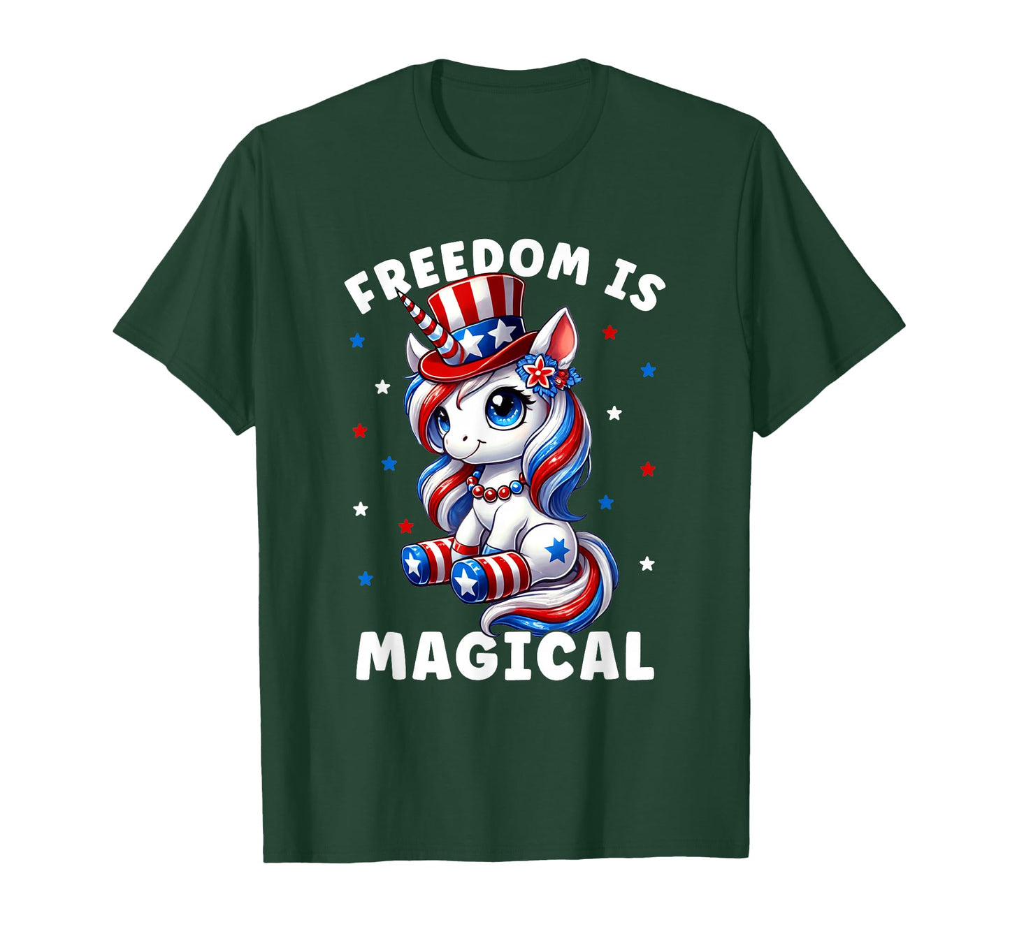 4th of July Freedom is Magical Unicorn Girls Women Patriotic T-Shirt
