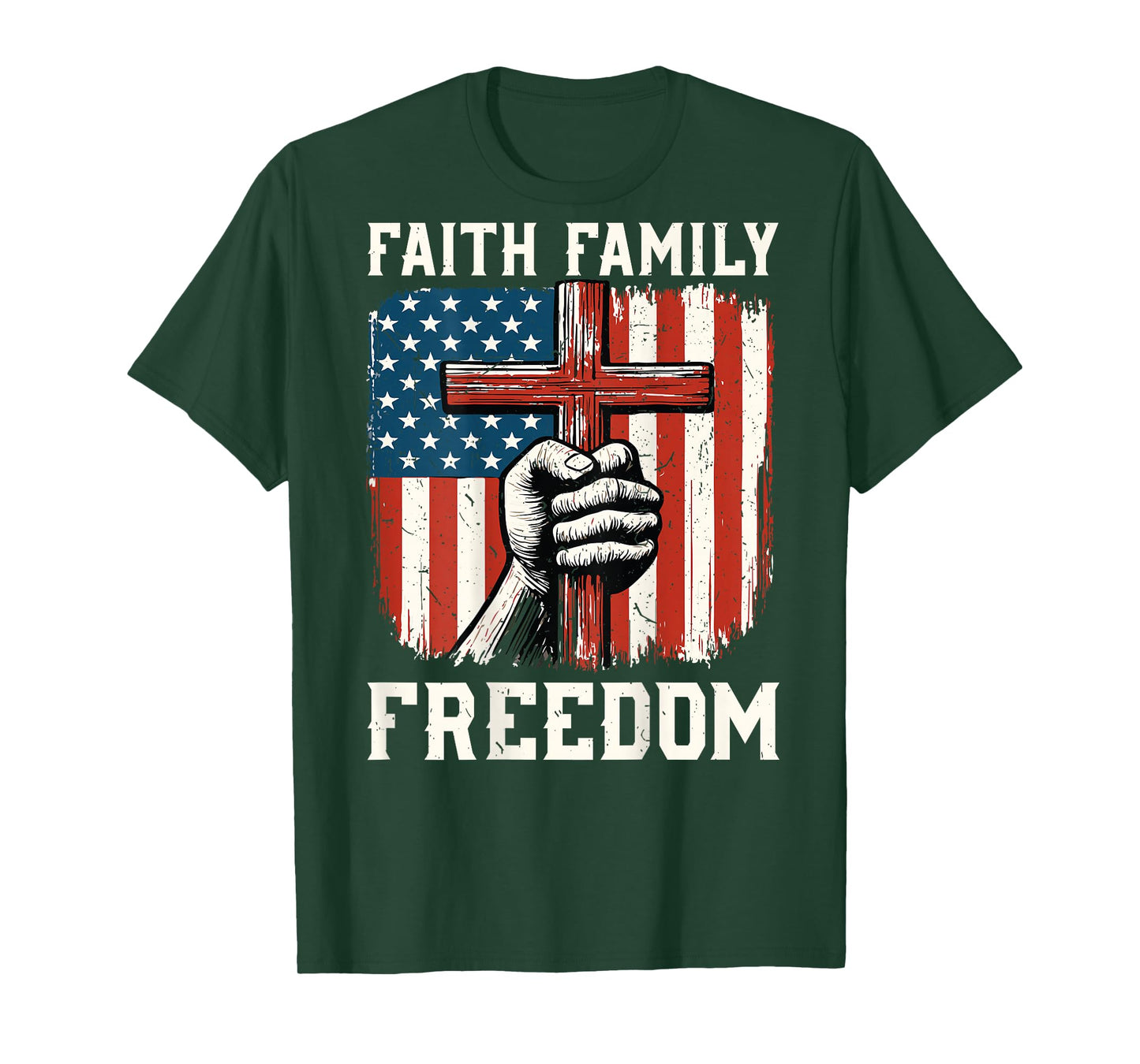 Christian Patriotic Faith Family Freedom American Flag Cross T-Shirt