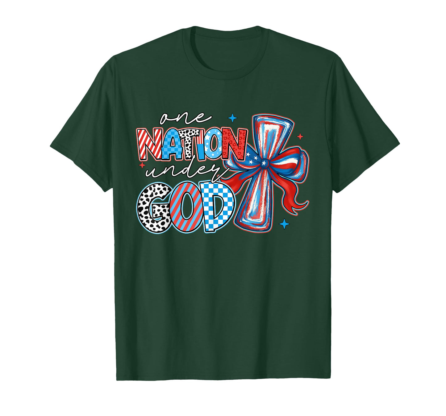 One Nation Under God USA Flag Cross Coquette Bow 4th Of July T-Shirt