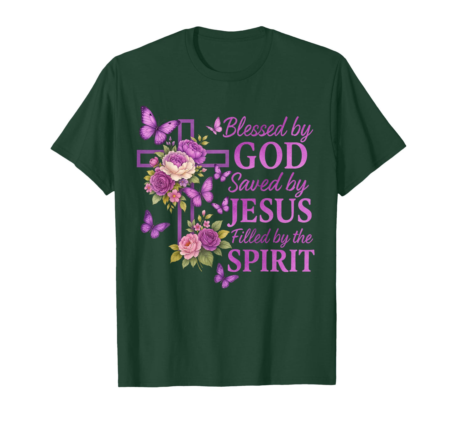 Blessed by God Saved by Jesus Purple Floral Cross Christian T-Shirt