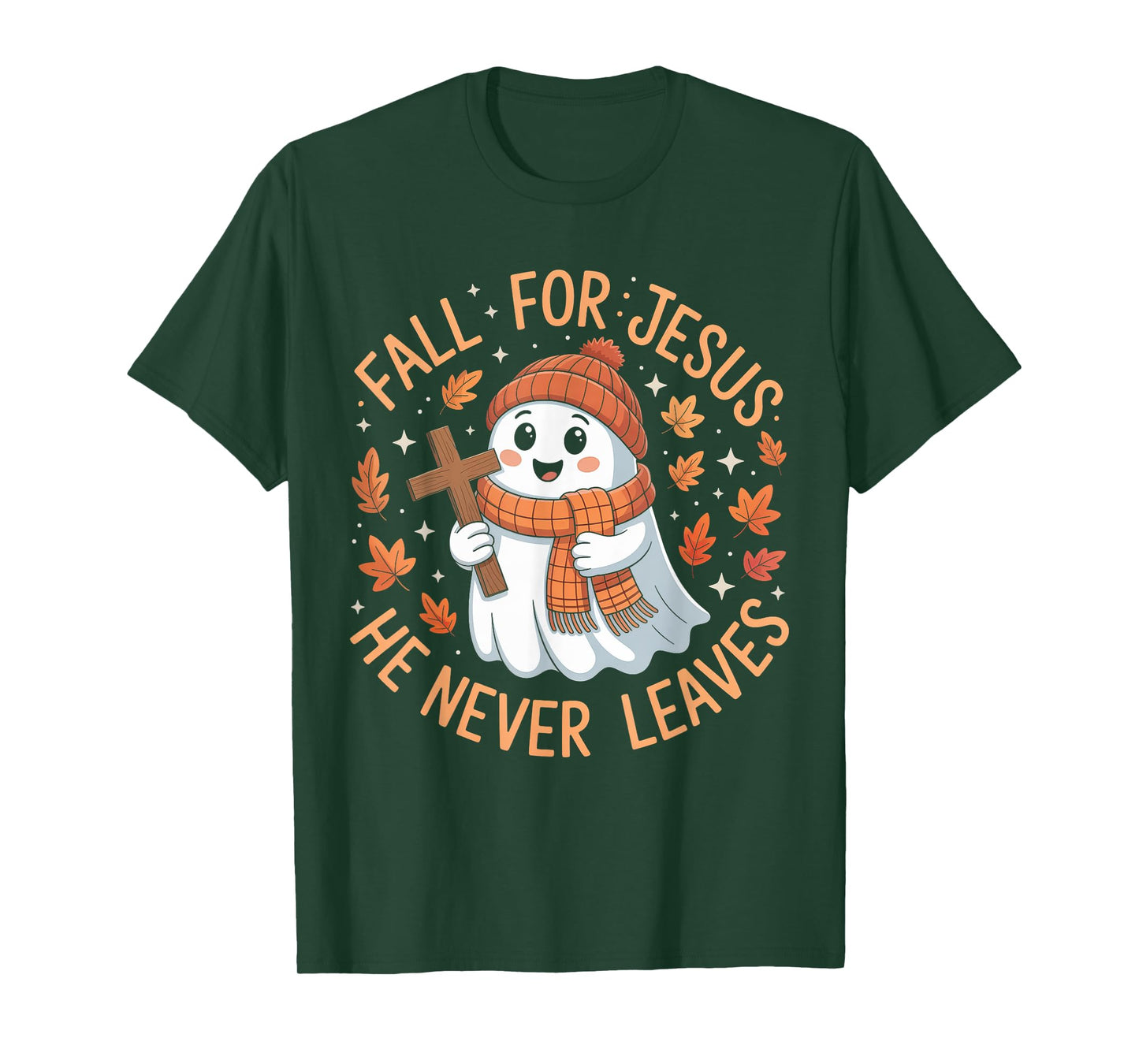 Fall for Jesus He Never Leave Cute Ghost Retro Halloween T-Shirt