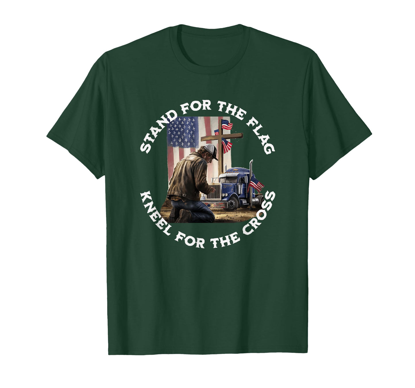 American Trucker Praying At The Cross & US Flag Christian T-Shirt