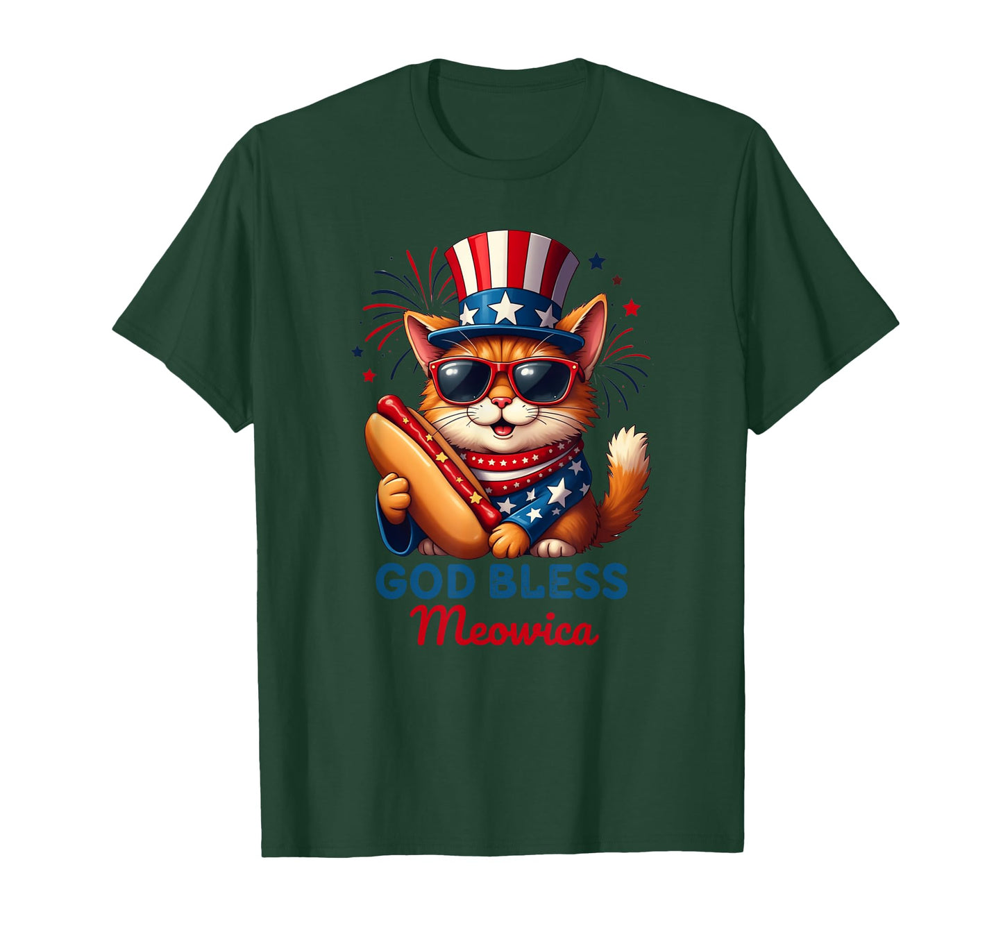 4th of July Hotdog Cat Funny Patriotic Cat USA Flag MEOWICA T-Shirt for Men Women Kids