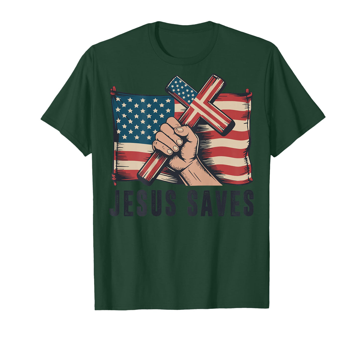 White Jesus Saves American Flag Christian Patriotic Cross T-Shirt