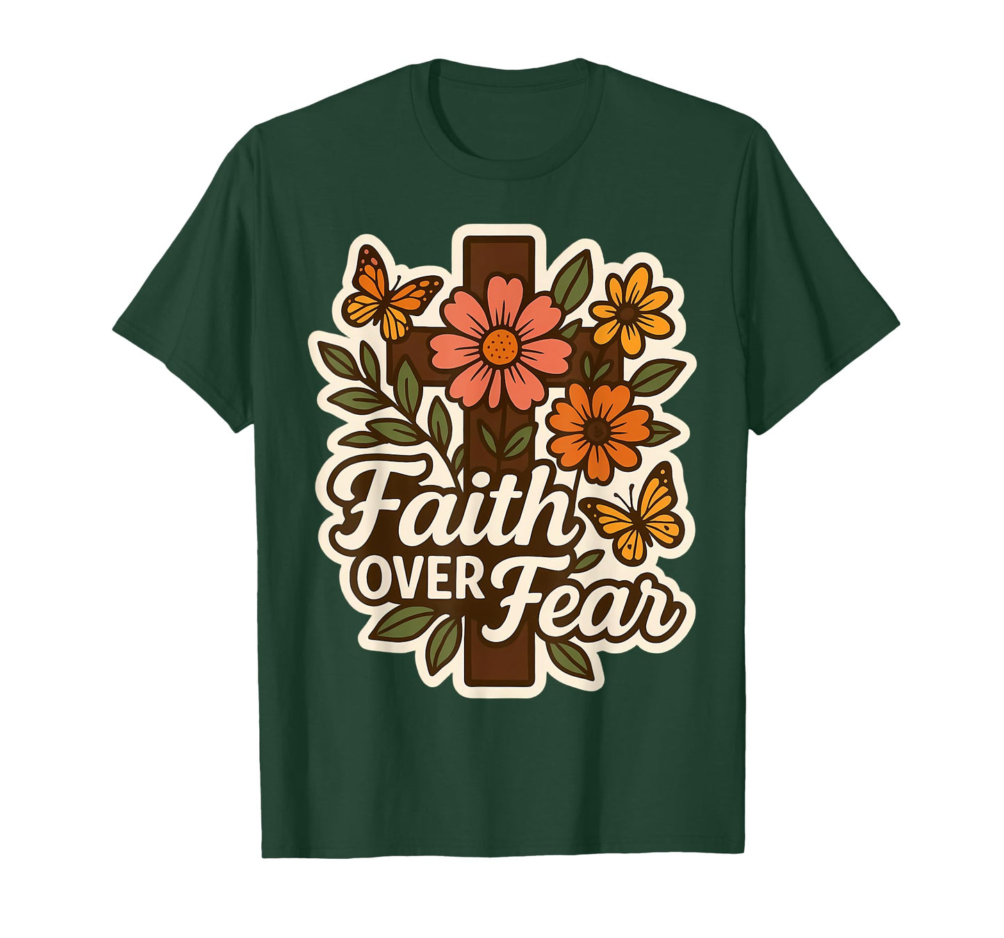 Faith Over Fear Floral Vintage Christian Flowers Cross Retro T-Shirt