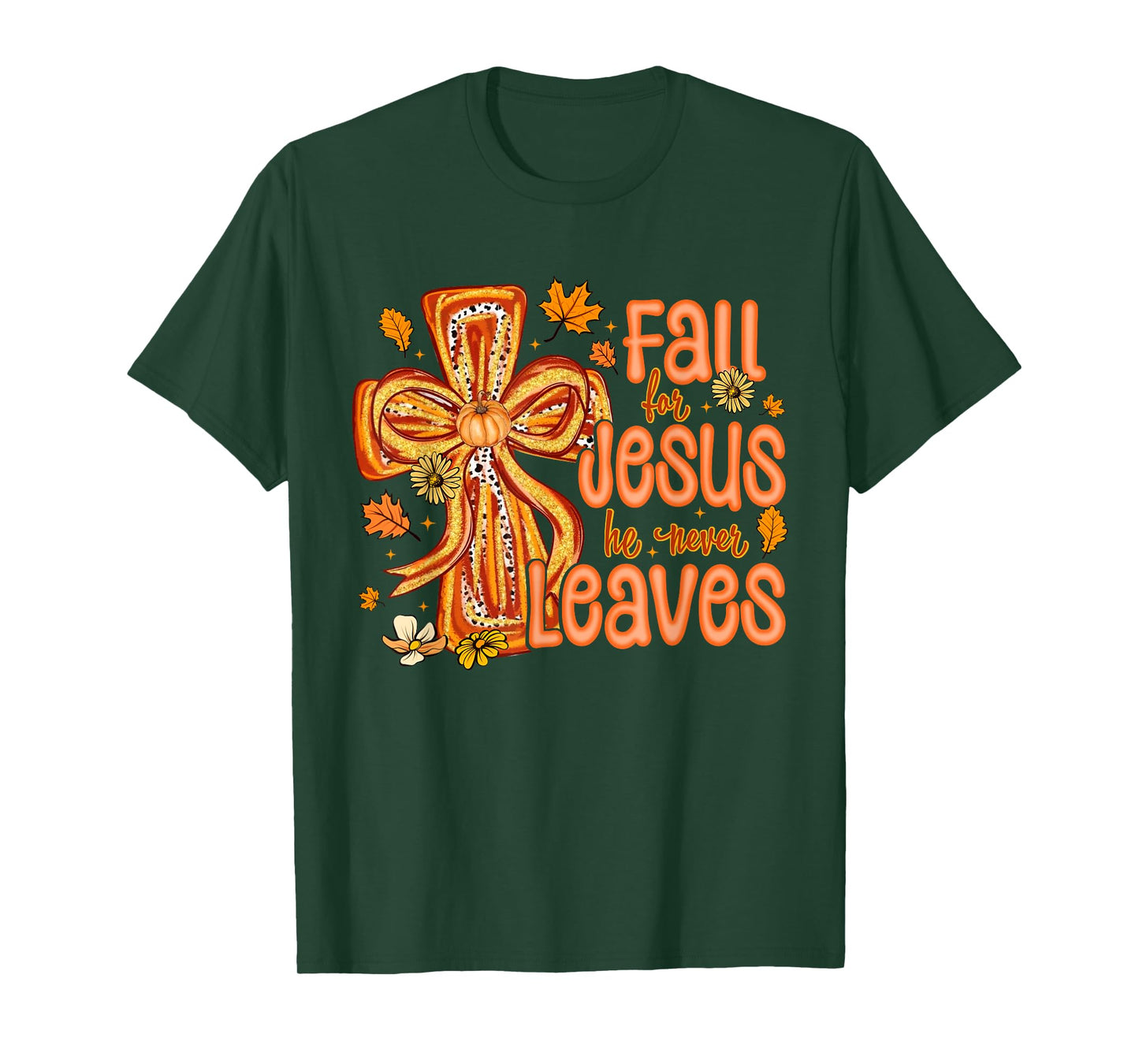 Fall for Jesus He Never Leaves Christian Faith Cross Pumpkin T-Shirt