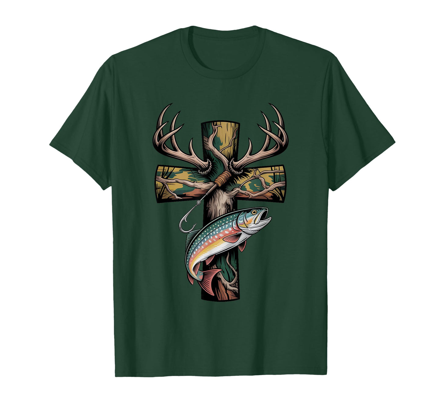 Faith Fishing Hunting Camo Cross with Hook Bass Christian T-Shirt