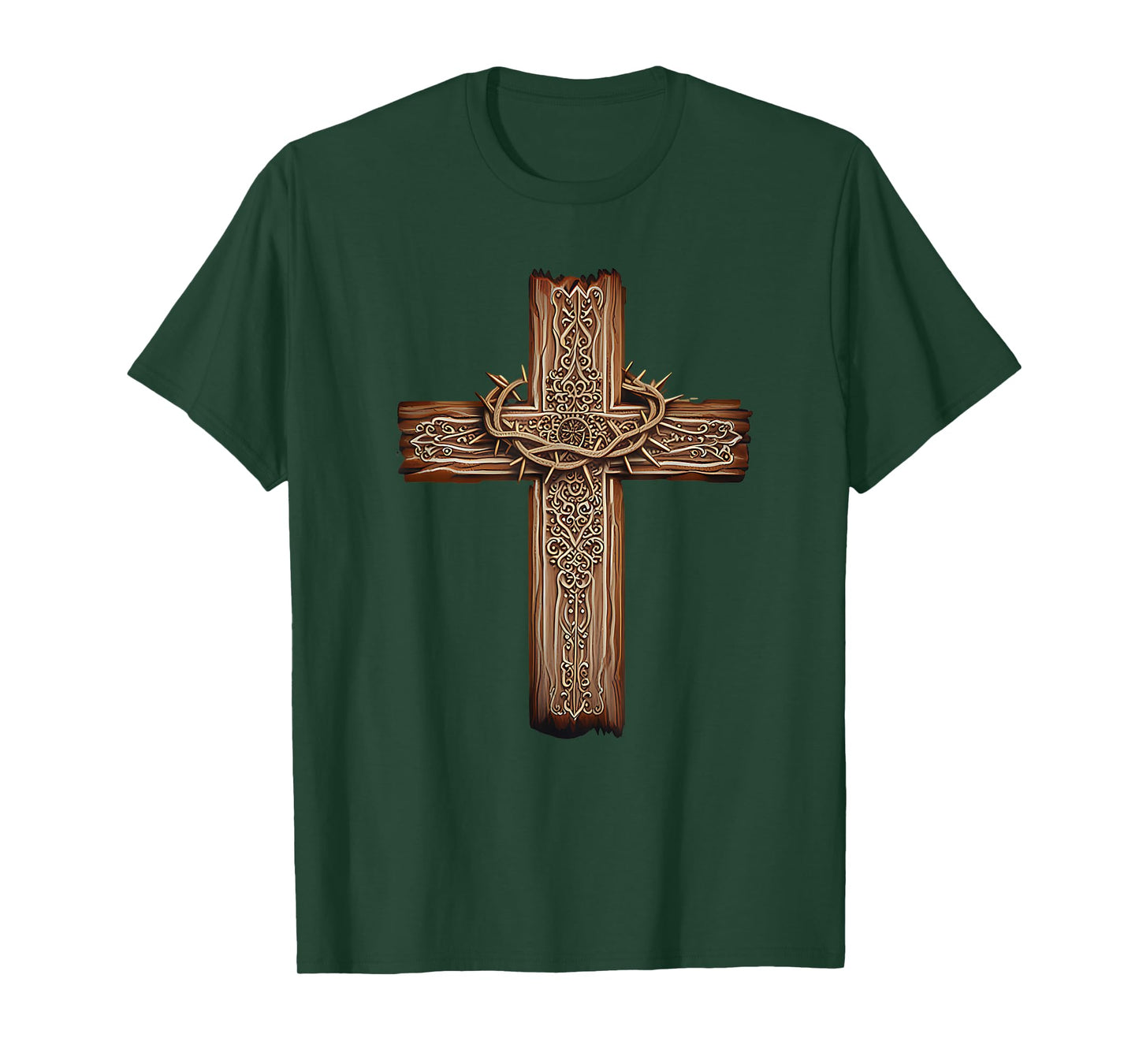 Rustic Wooden Cross Graphic Crown of Thorns Christian Faith T-Shirt