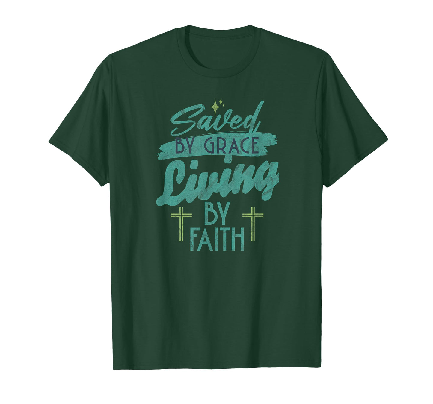 Saved by Grace Living by Faith - Christian T-Shirt