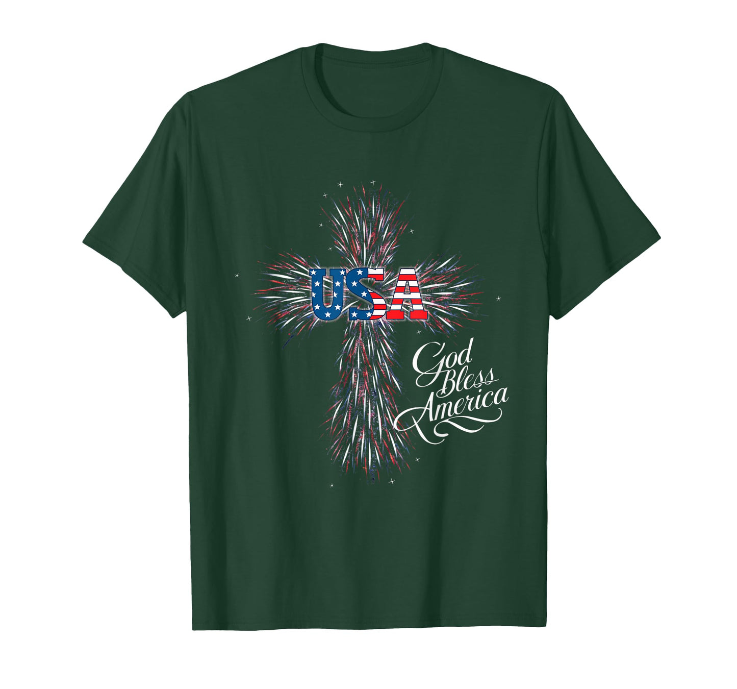 USA God Bless America Patriotic Fireworks Cross Women Men T-Shirt