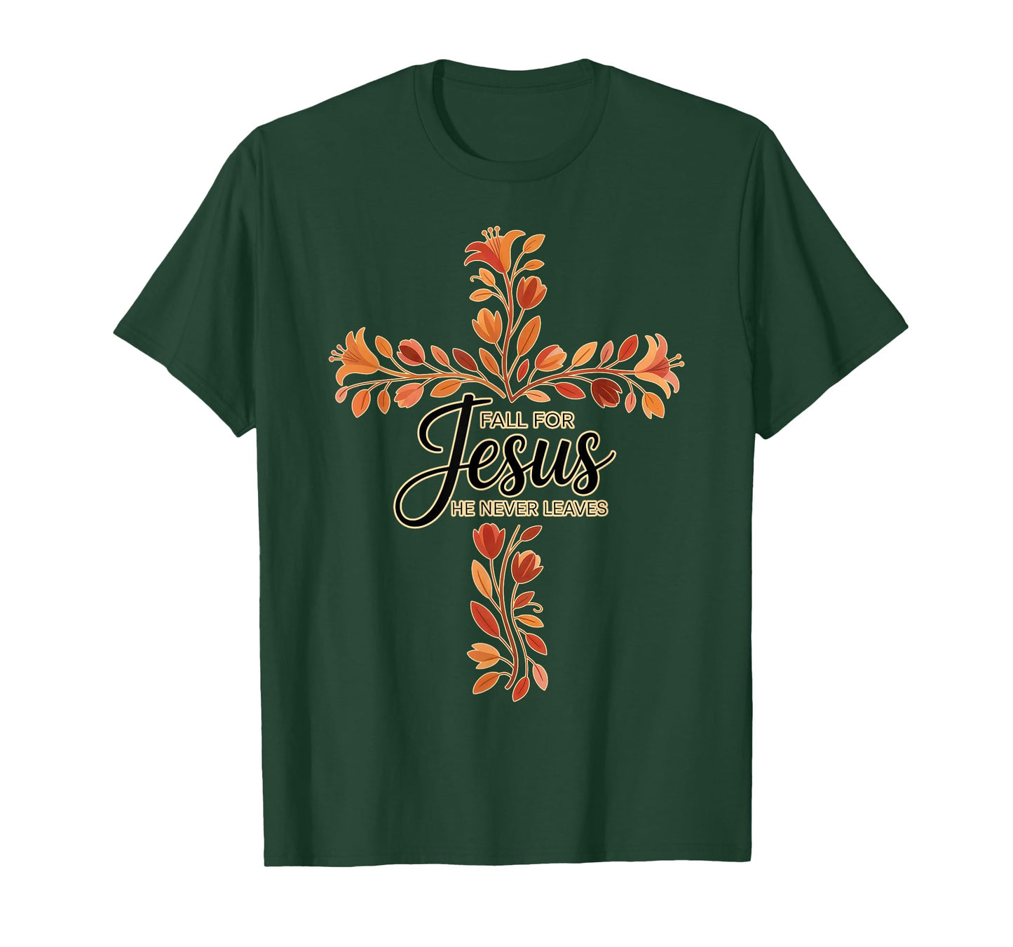 Fall for Jesus Cross with Floral Leaves Christian T-Shirt