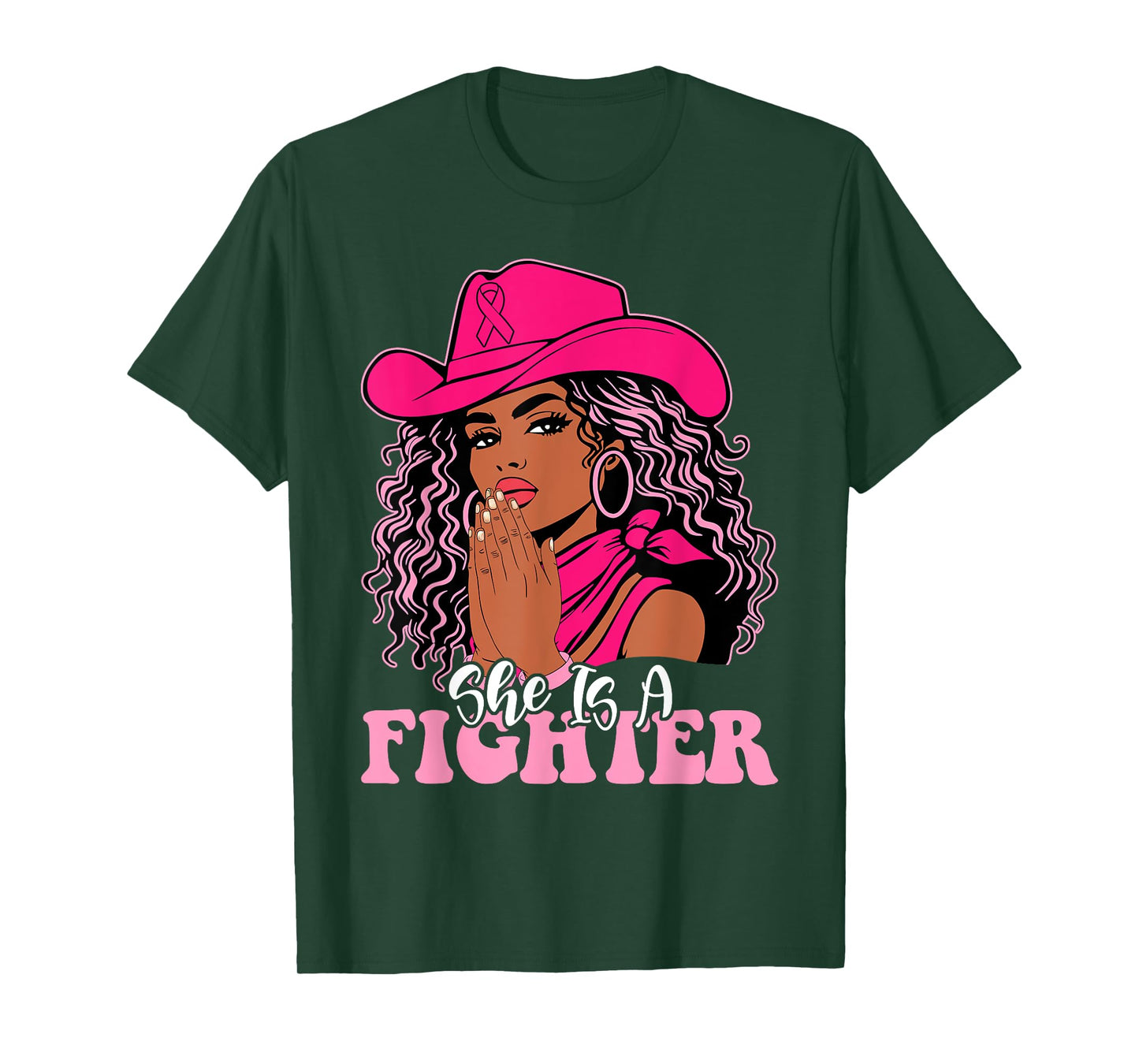 She is a Fighter Praying Black Cowgirl Afro Breast Cancer T-Shirt