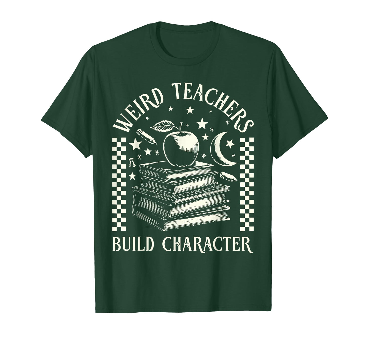 Retro Weird Teachers Build Character Book Stars Moon Teacher T-Shirt