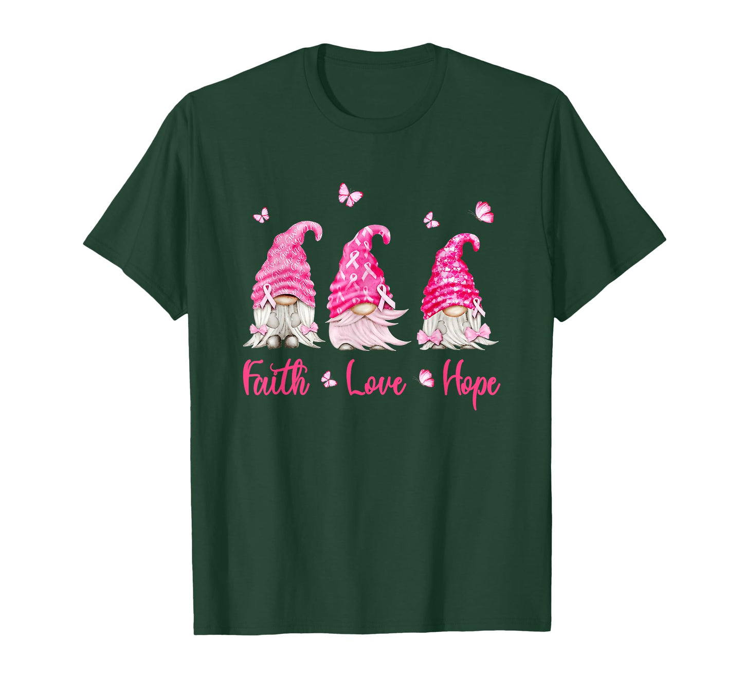 Faith Hope Love Gnome Breast Cancer Awareness Pink Ribbon T-Shirt