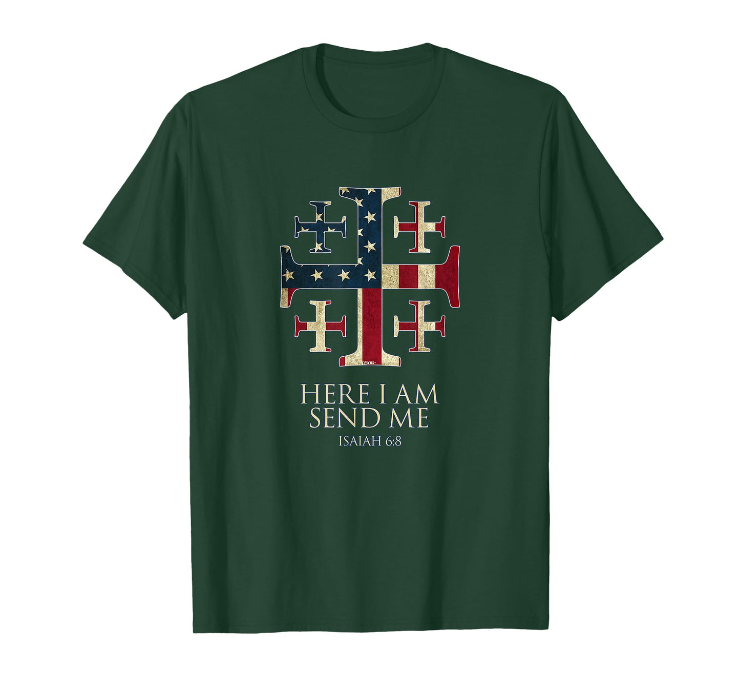 Here I Am Send Me Isaiah 6:8 Christian USA Flag Cross T-Shirt
