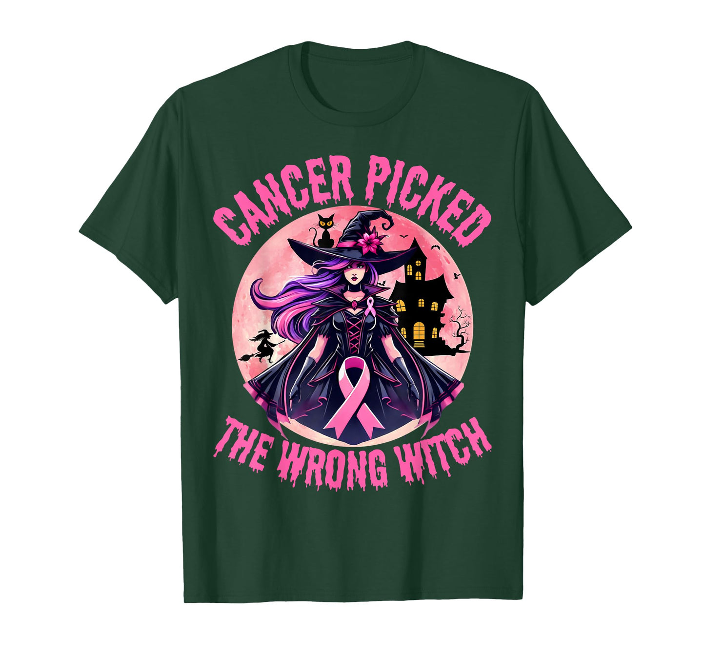 Breast Cancer Picked The Wrong Witch Halloween Melanin Cat T-Shirt