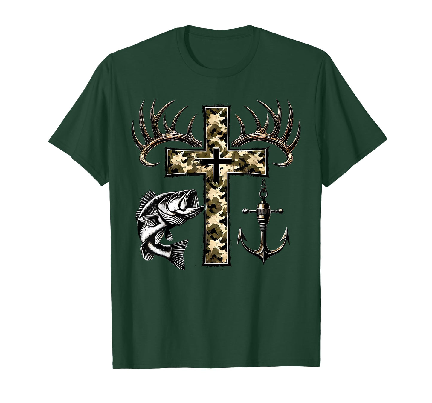 Hunting Fishing Cross Camo Faith Christian Fisherman Hunter T-Shirt