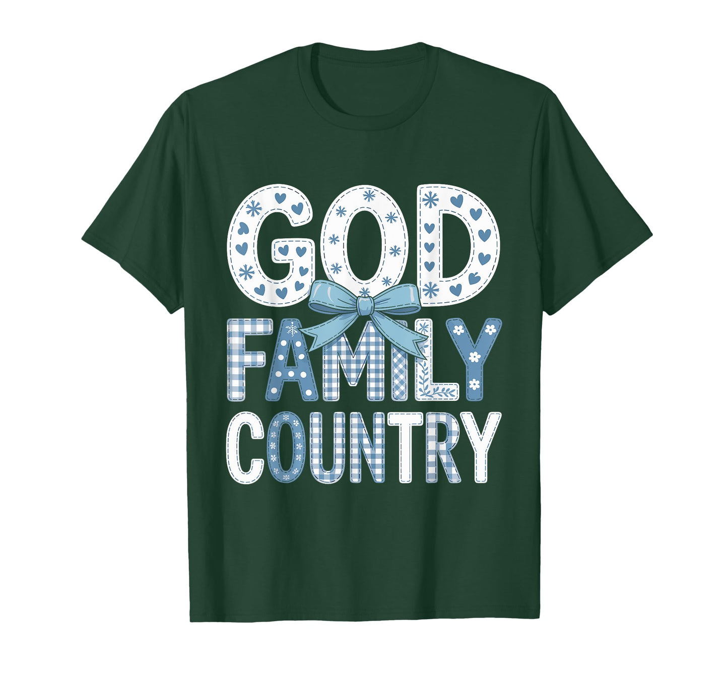 God Family Country - Patriotic Coquette Toile Blue Bow T-Shirt