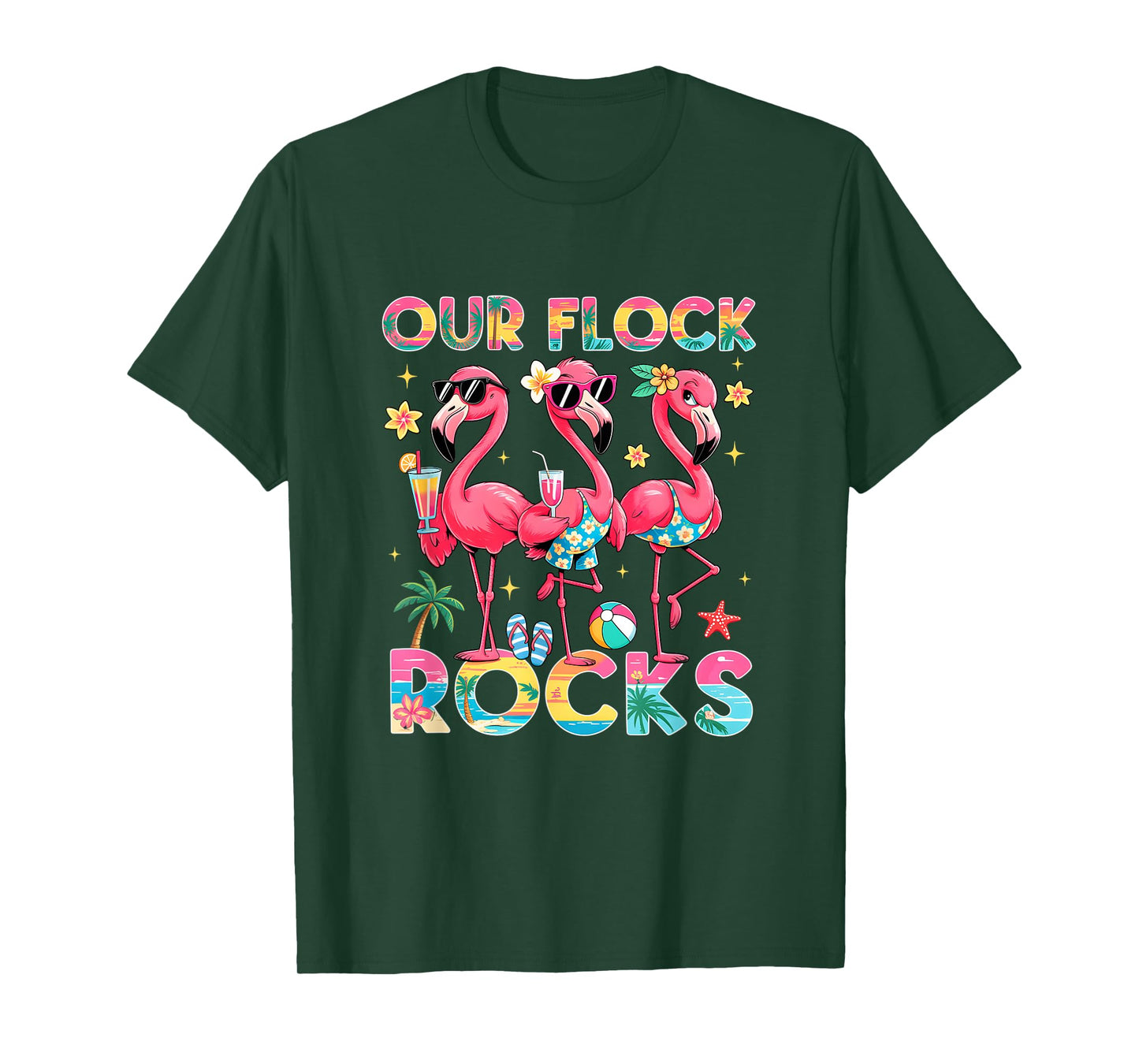 Our Flock Rocks Flamingo Summer Vacation Family Matching T-Shirt