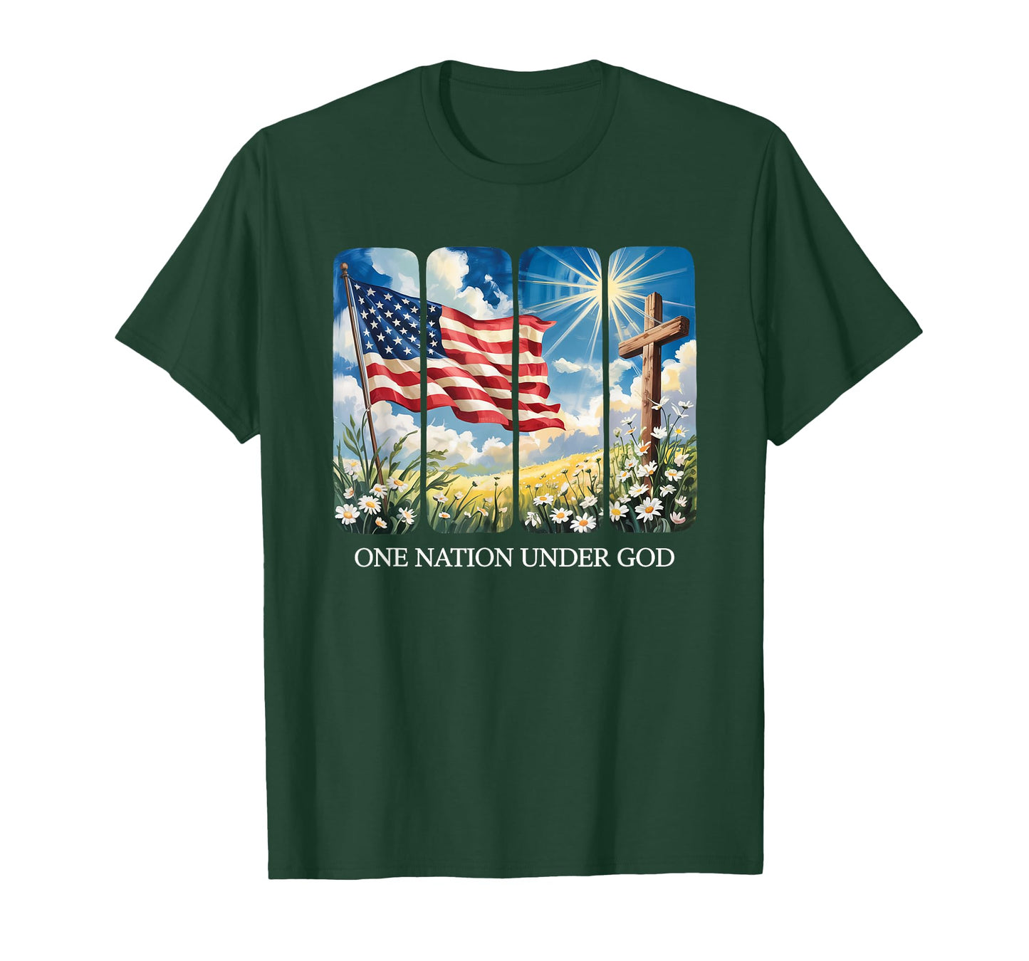 One Nation Under God USA Flag Cross Floral Christian Women T-Shirt