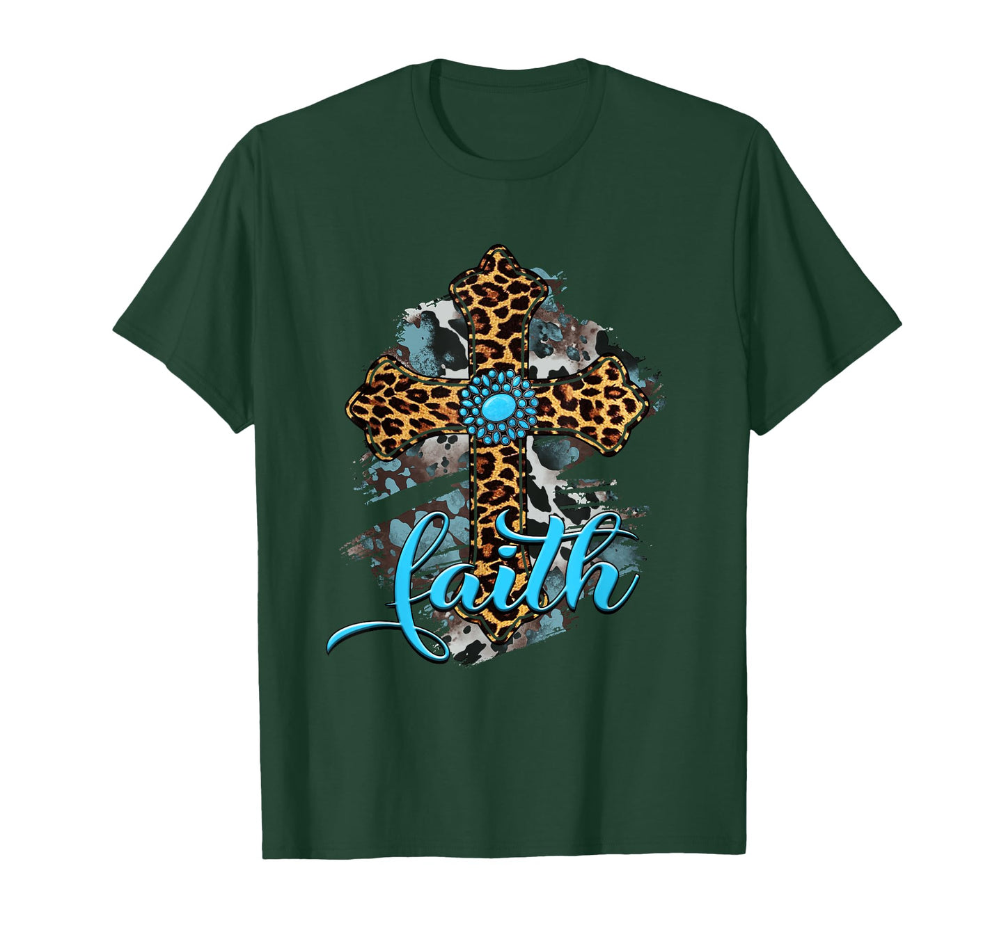 Western Boho Christian Turquoise Leopard Faith Cross Jesus T-Shirt