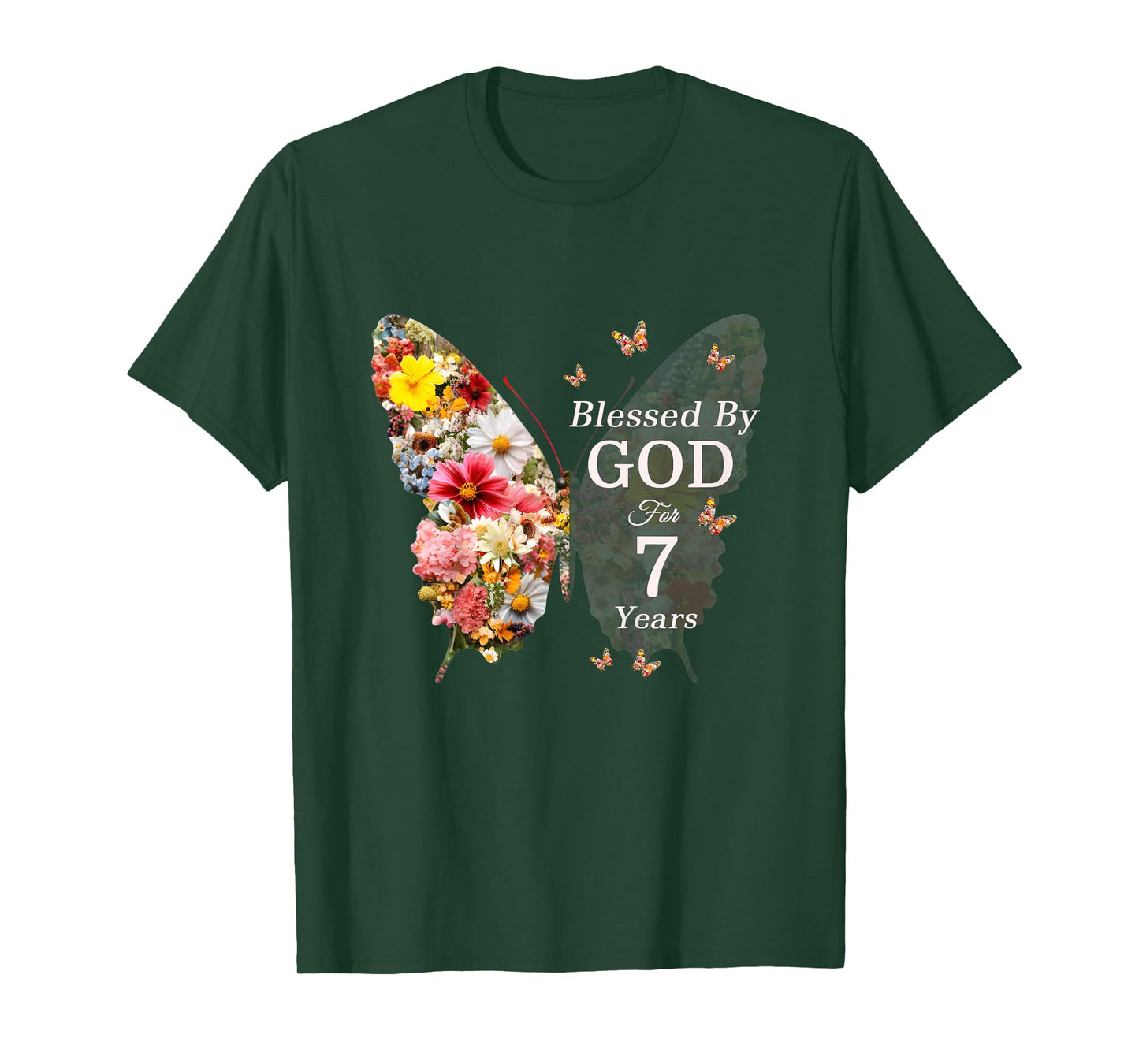 Kids Blessed By God For 7 Years Butterfly Flower 7th Birthday T-Shirt