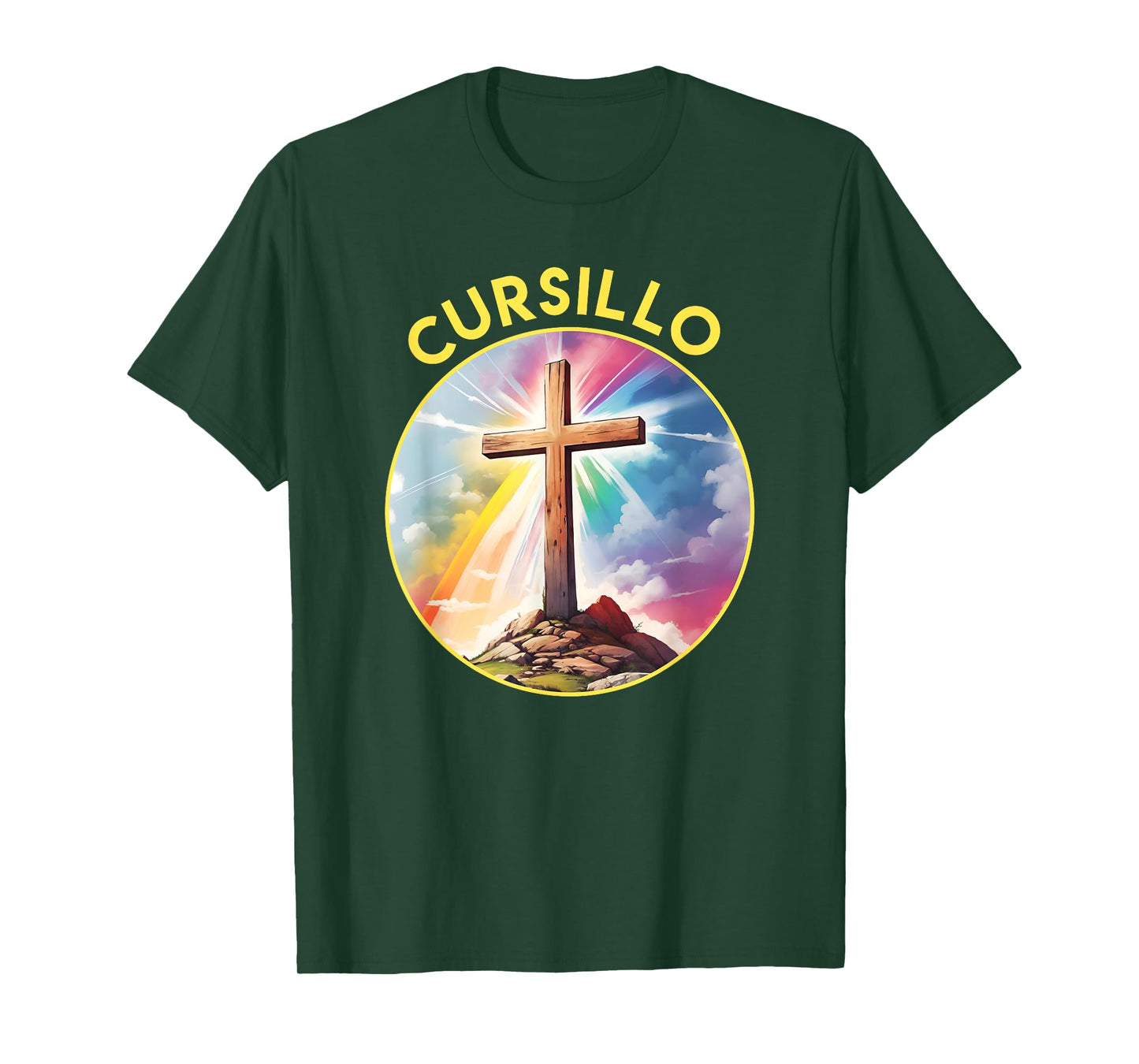 Cursillo Faith Wood Cross With Rainbow and Clouds T-Shirt