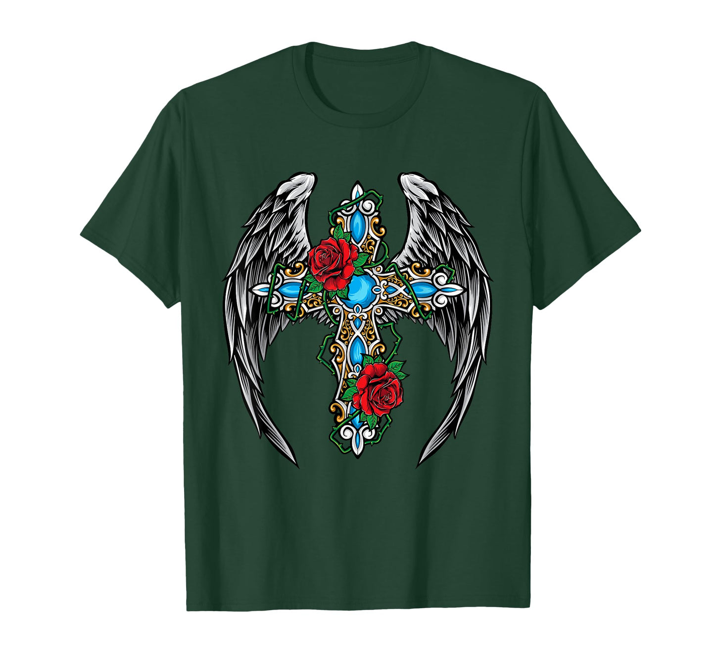 Christian Cross Vintage Rose Flower Cross Wings Religion T-Shirt