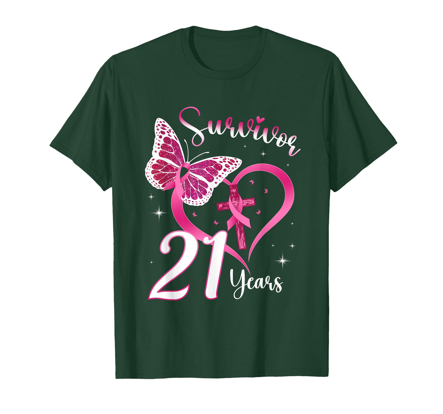 Breast Cancer Survivor Pink Ribbon Butterfly 21 Years Gift T-Shirt
