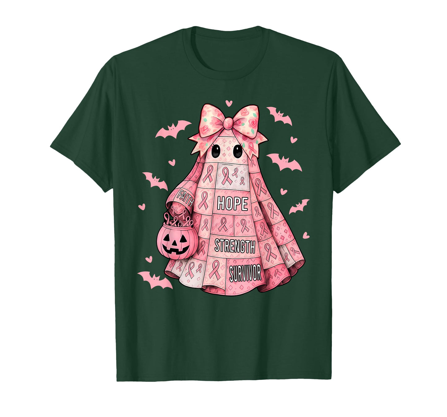 Pink Ribbon Patchwork Ghost Halloween Spooky Breast Cancer T-Shirt