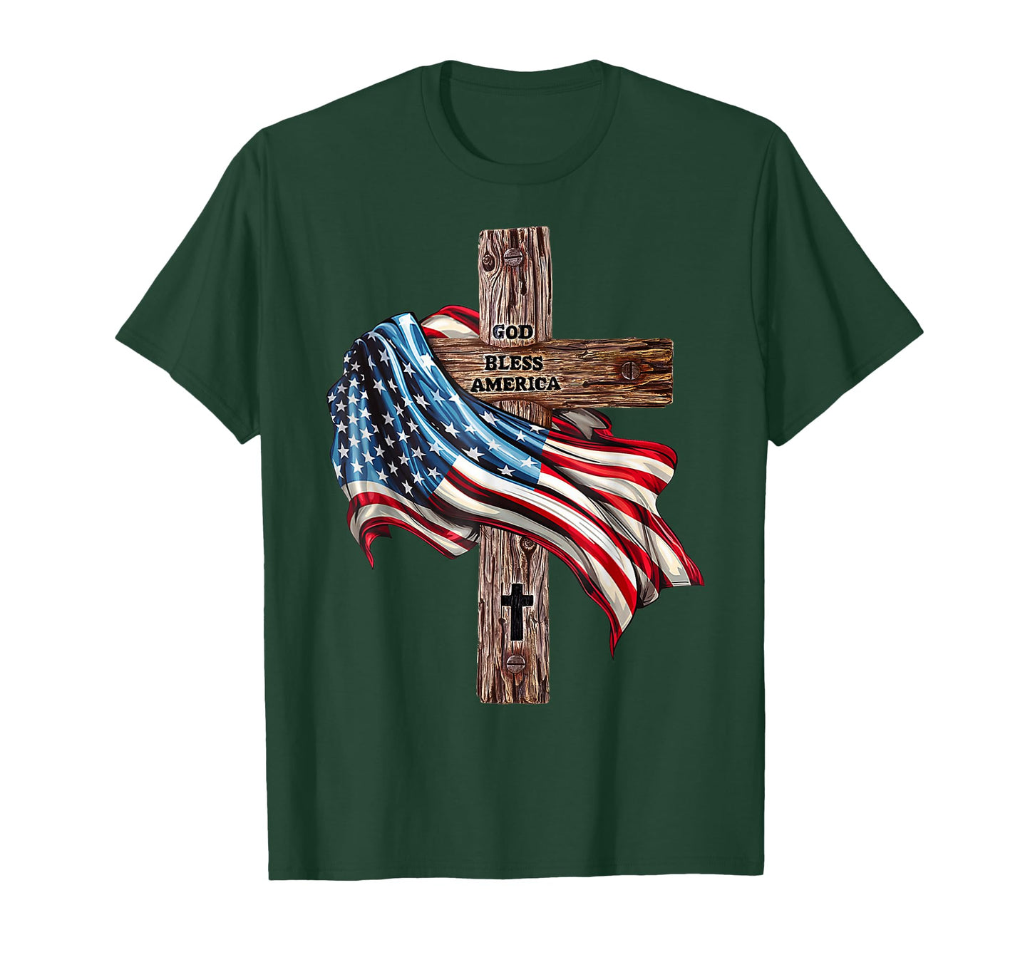 God Bless America Cross American Flag US Patriotic Christian T-Shirt for Women Kids Men