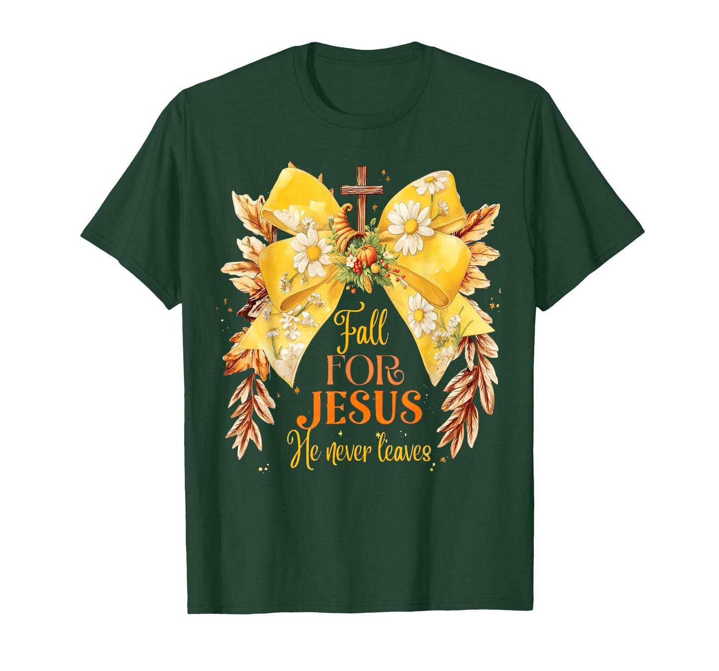 Fall for Jesus He Never Leaves Coquette Bow Pumpkin Autumn T-Shirt