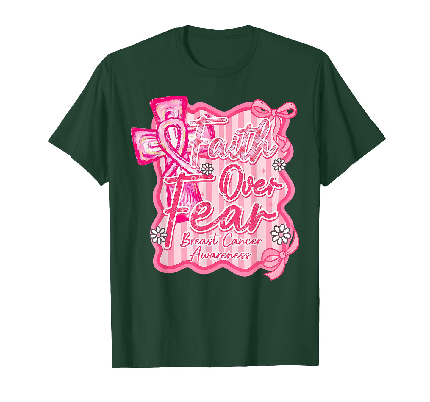 Preppy Faith Over Fear Coquette Pink Ribbon Breast Cancer T-Shirt