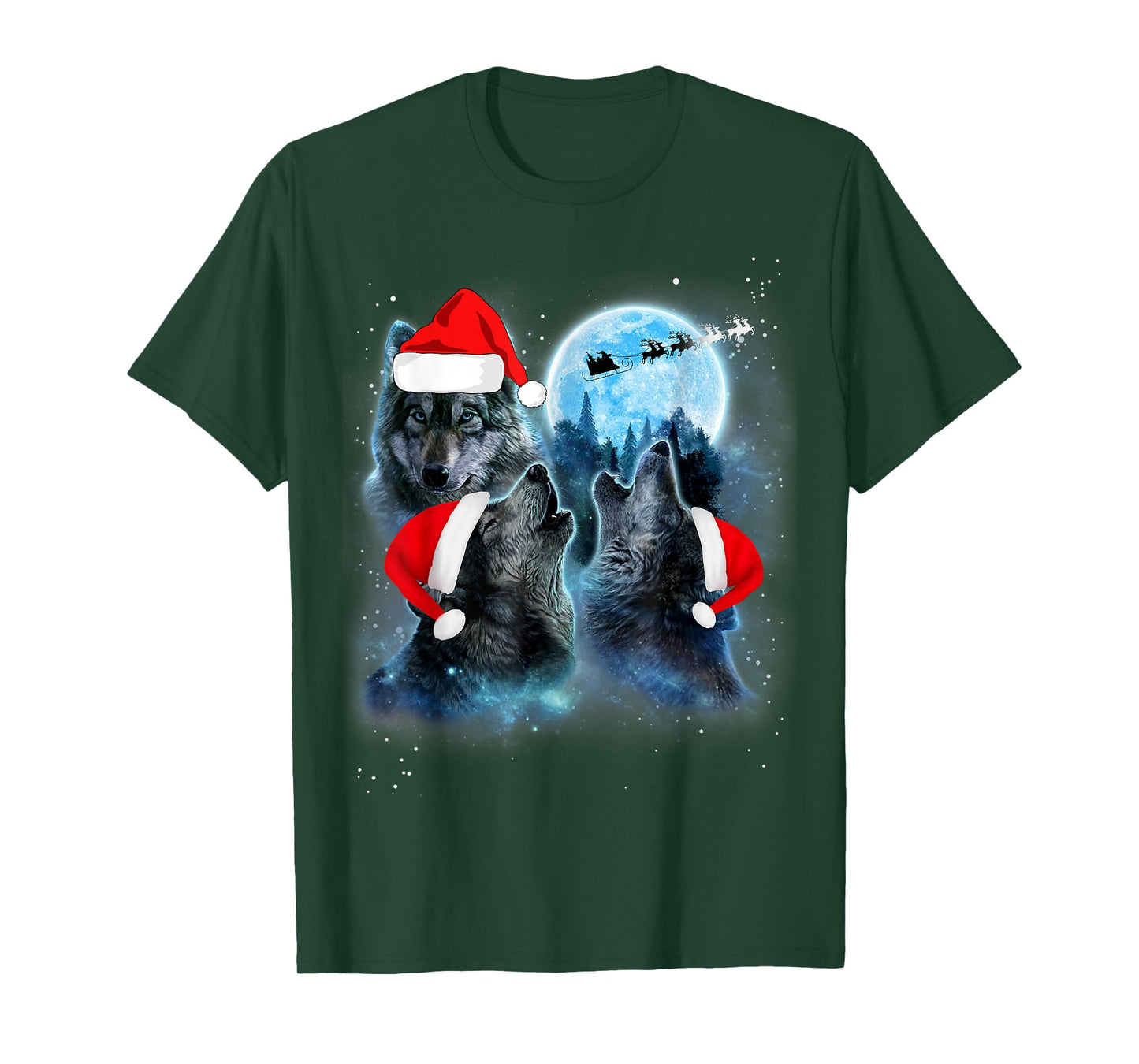 Three Wolves Howling Under Moon Christmas Santa Wolf Lover T-Shirt