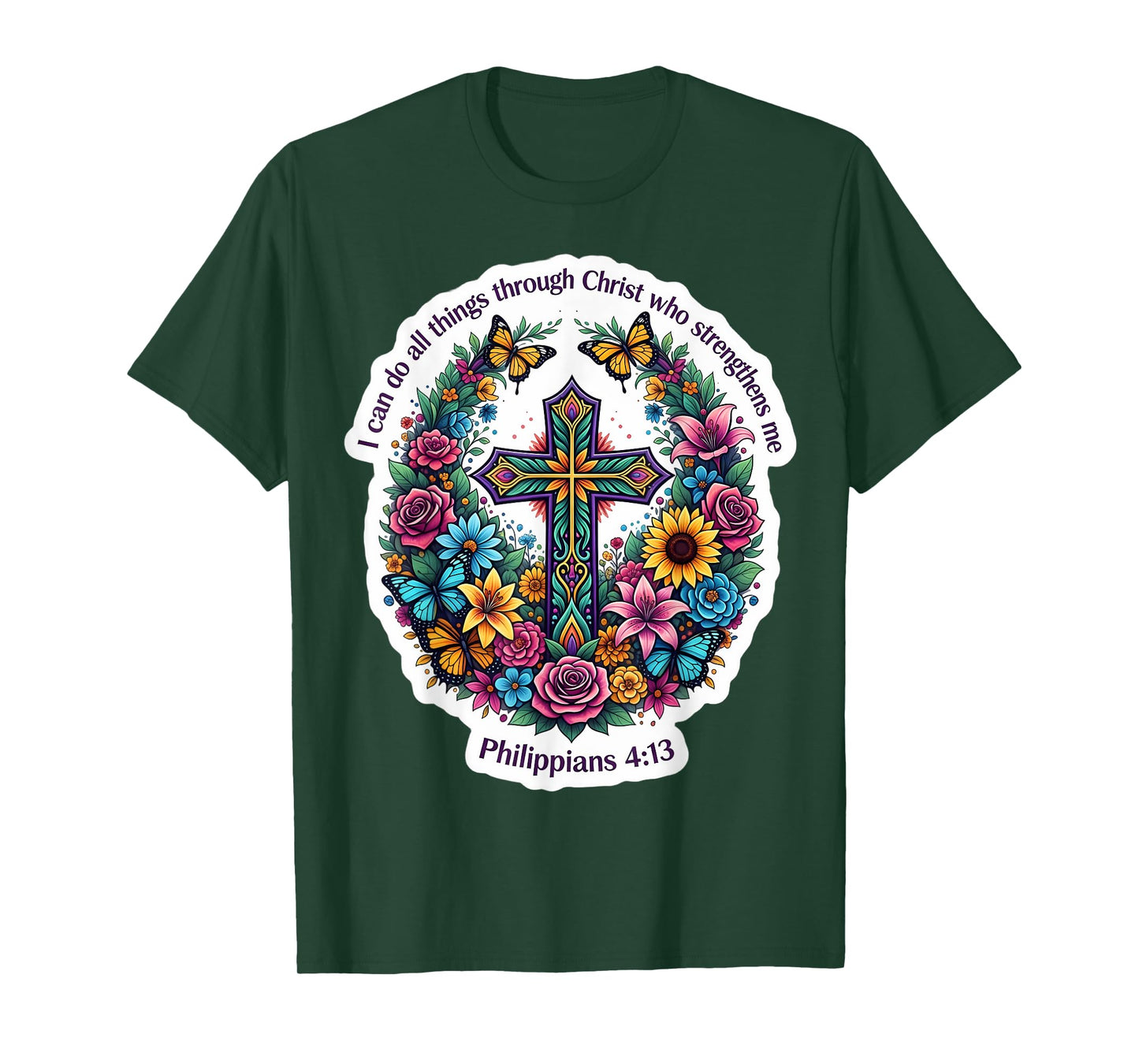 Flaral Bible Quote Verse Philippians 4:13 Christian Cross T-Shirt