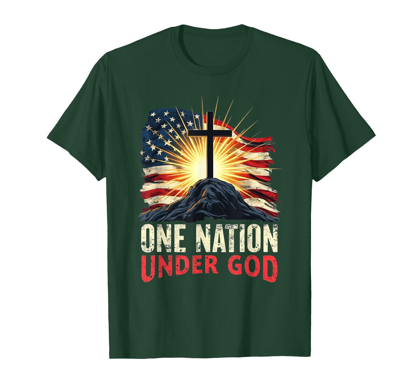 American Flag Cross Sunrise Patriotic Christian Faith Retro T-Shirt