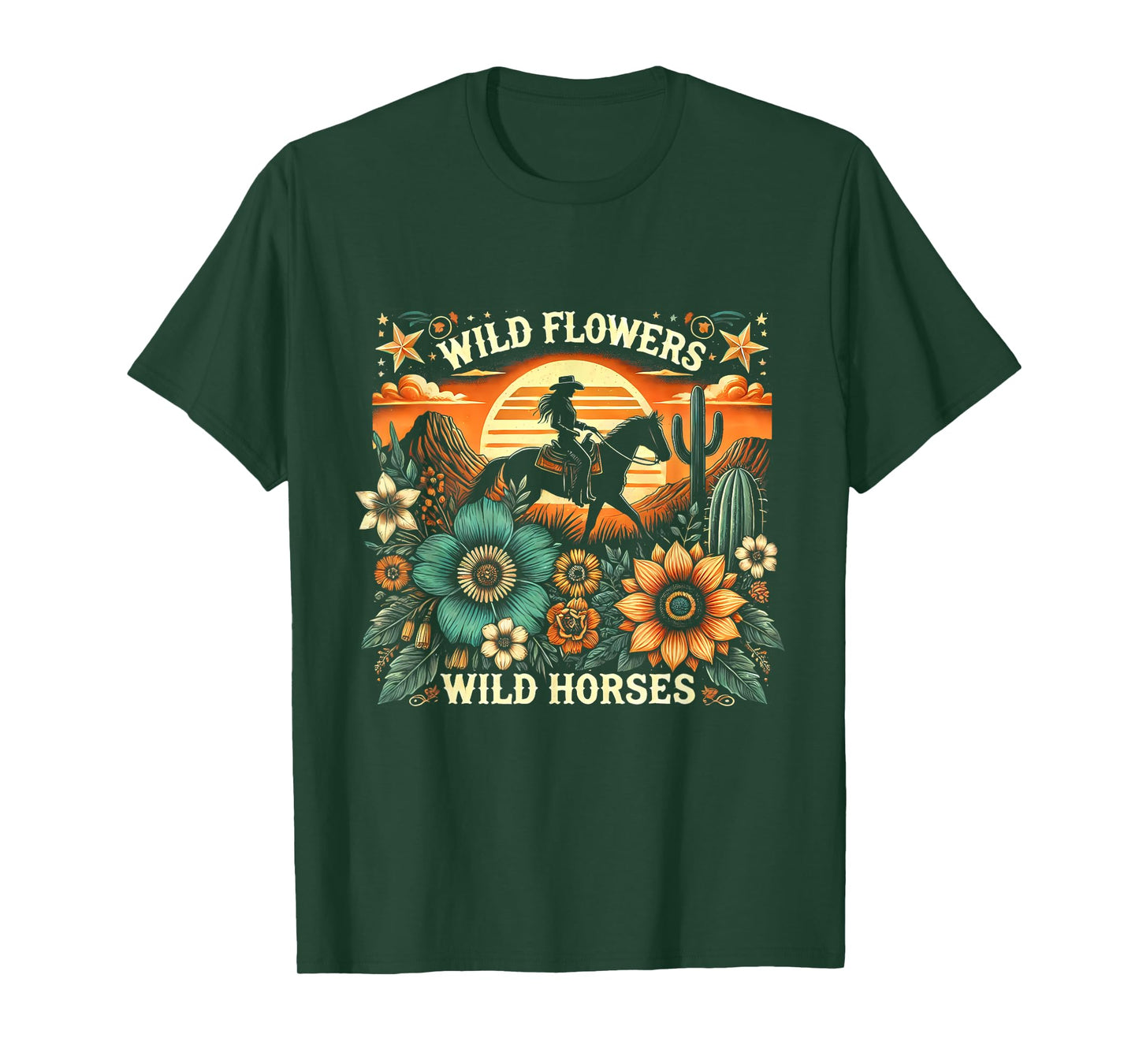Sunset Cowgirl Riding Horse Wild Flowers - Wild Horses T-Shirt